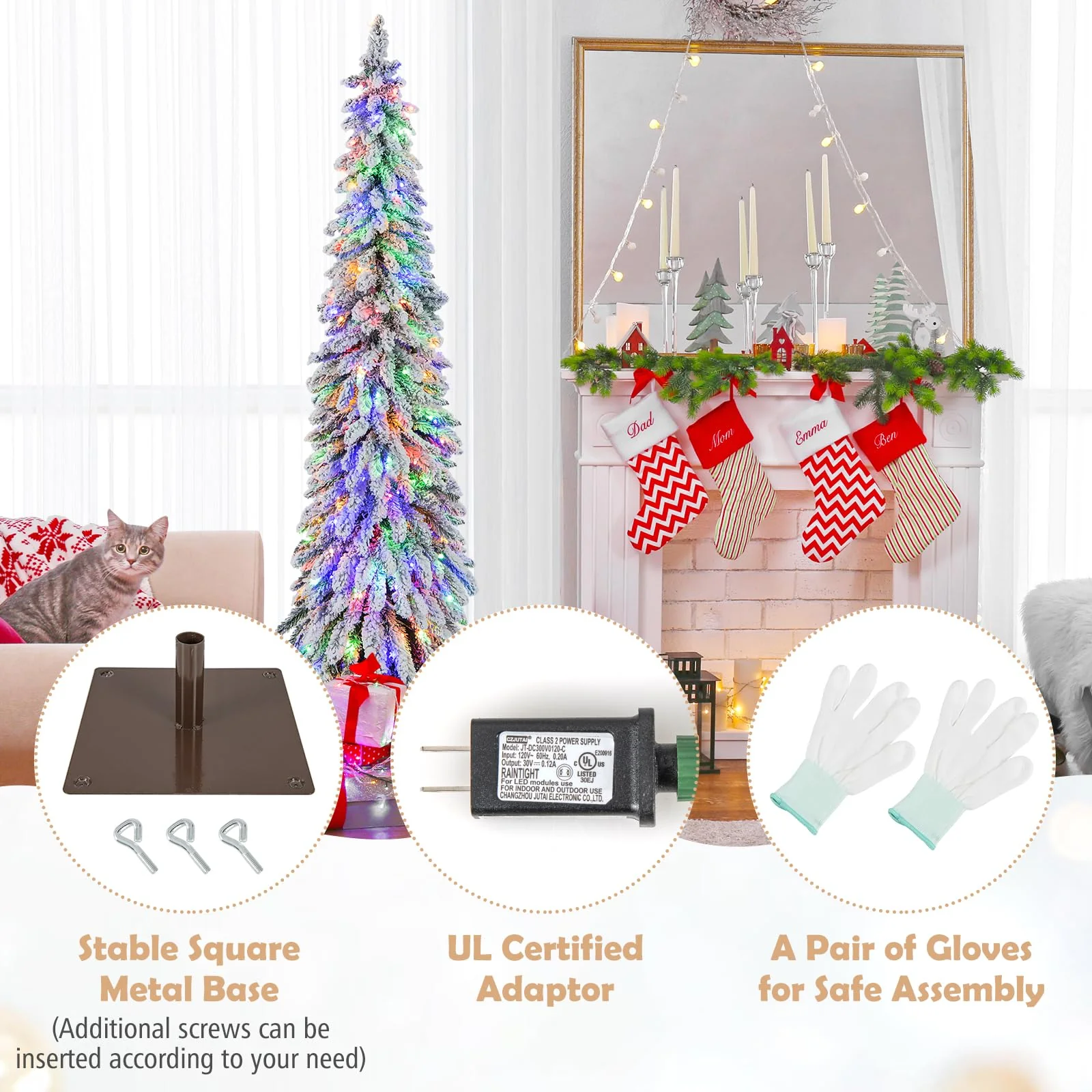 Goplus 6ft Pre-Lit Flocked Christmas Tree, Artificial Slim Pencil Xmas Tree with 250 LED Lights - Image 5