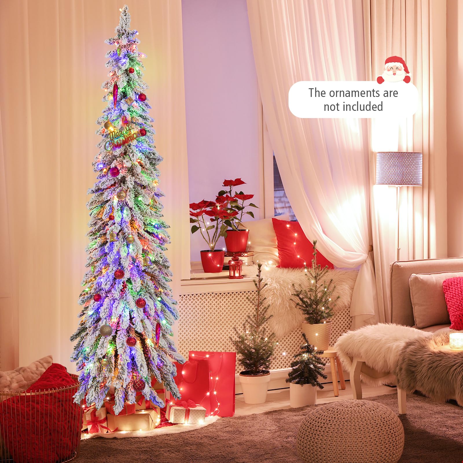 Goplus 6ft Pre-Lit Flocked Christmas Tree, Artificial Slim Pencil Xmas Tree with 250 LED Lights - Image 6