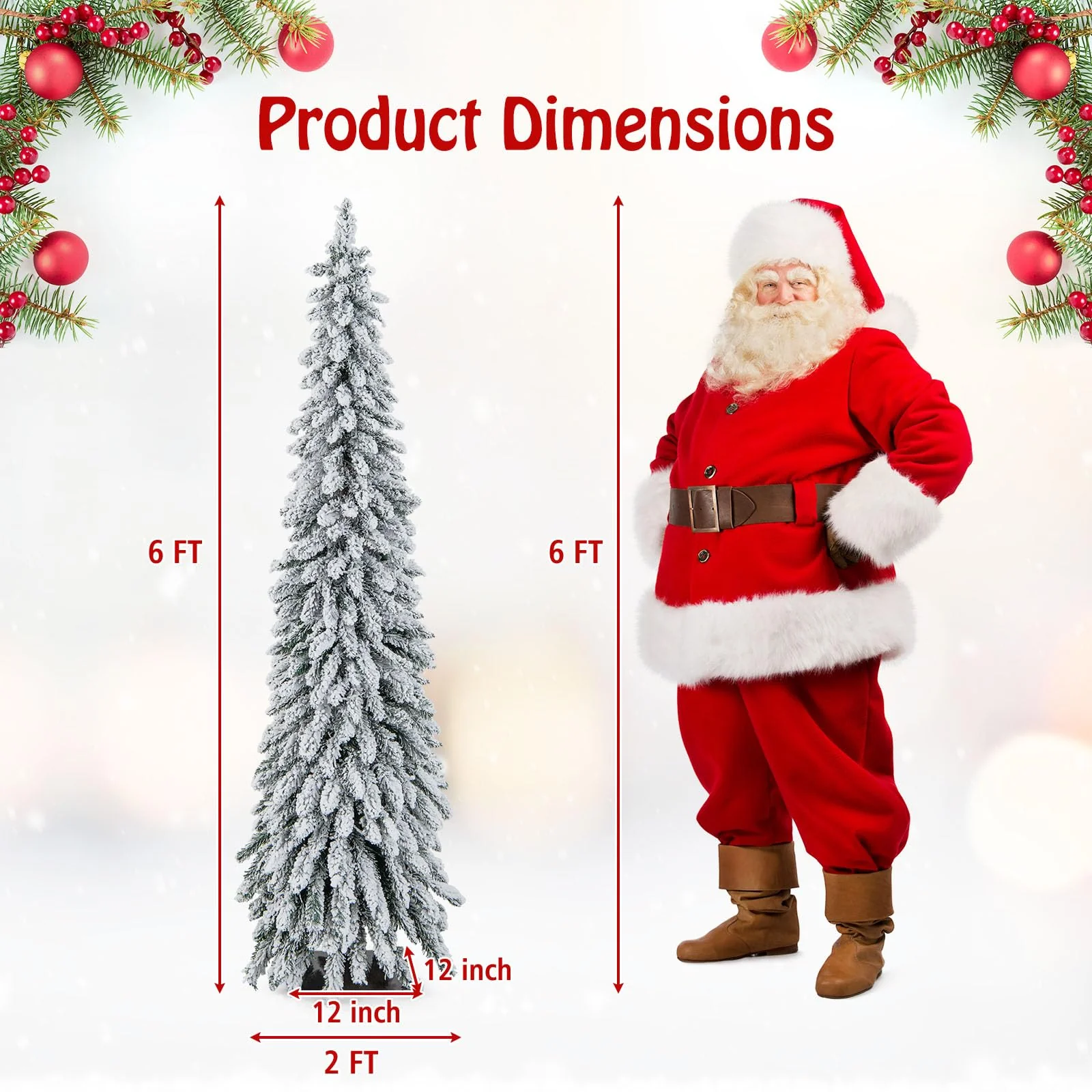 Goplus 6ft Pre-Lit Flocked Christmas Tree, Artificial Slim Pencil Xmas Tree with 250 LED Lights - Image 7