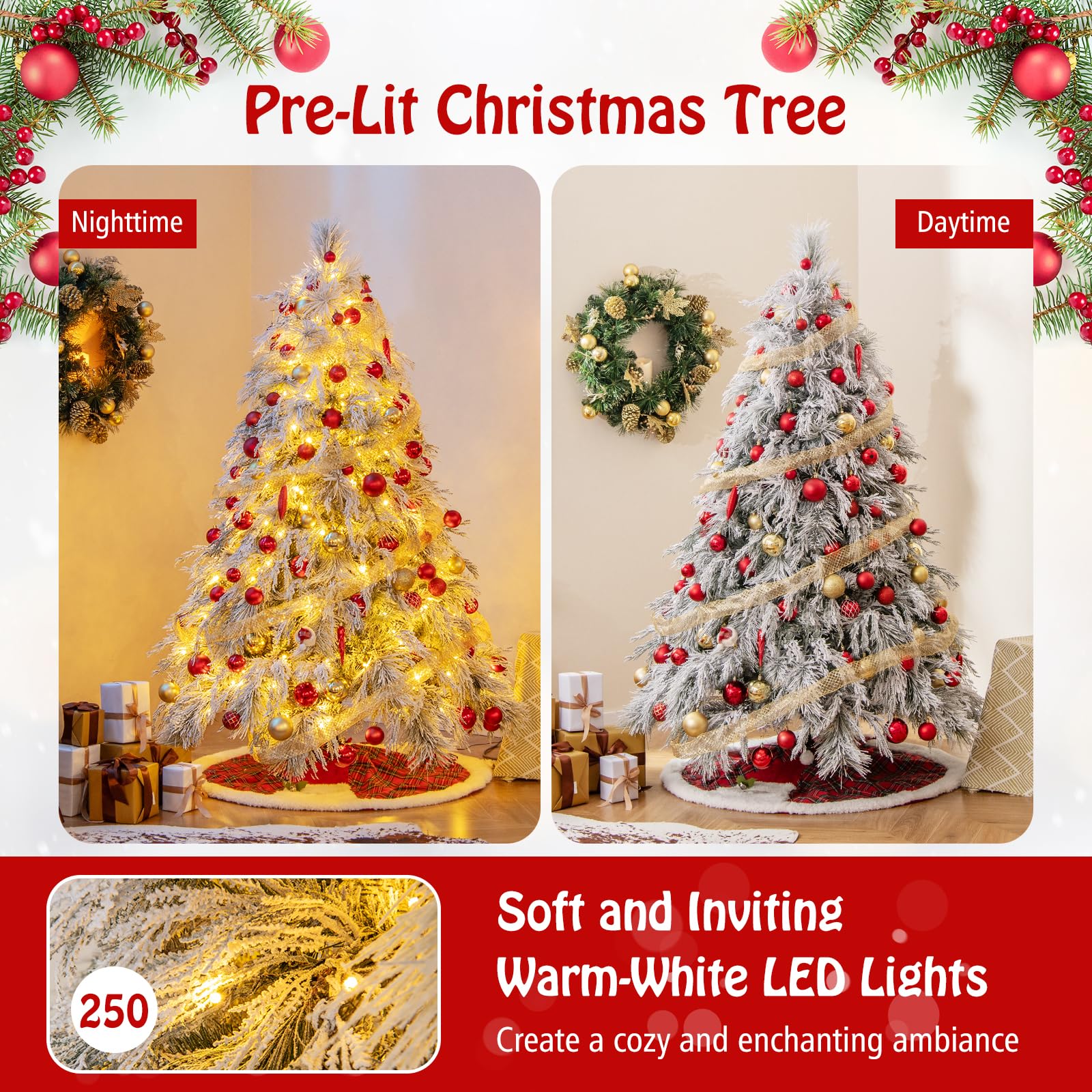 Goplus 6ft Pre-Lit Snow Flocked Christmas Tree, Artificial Hinged Full Xmas Tree with 519 PVC & Pine Needles - Image 2