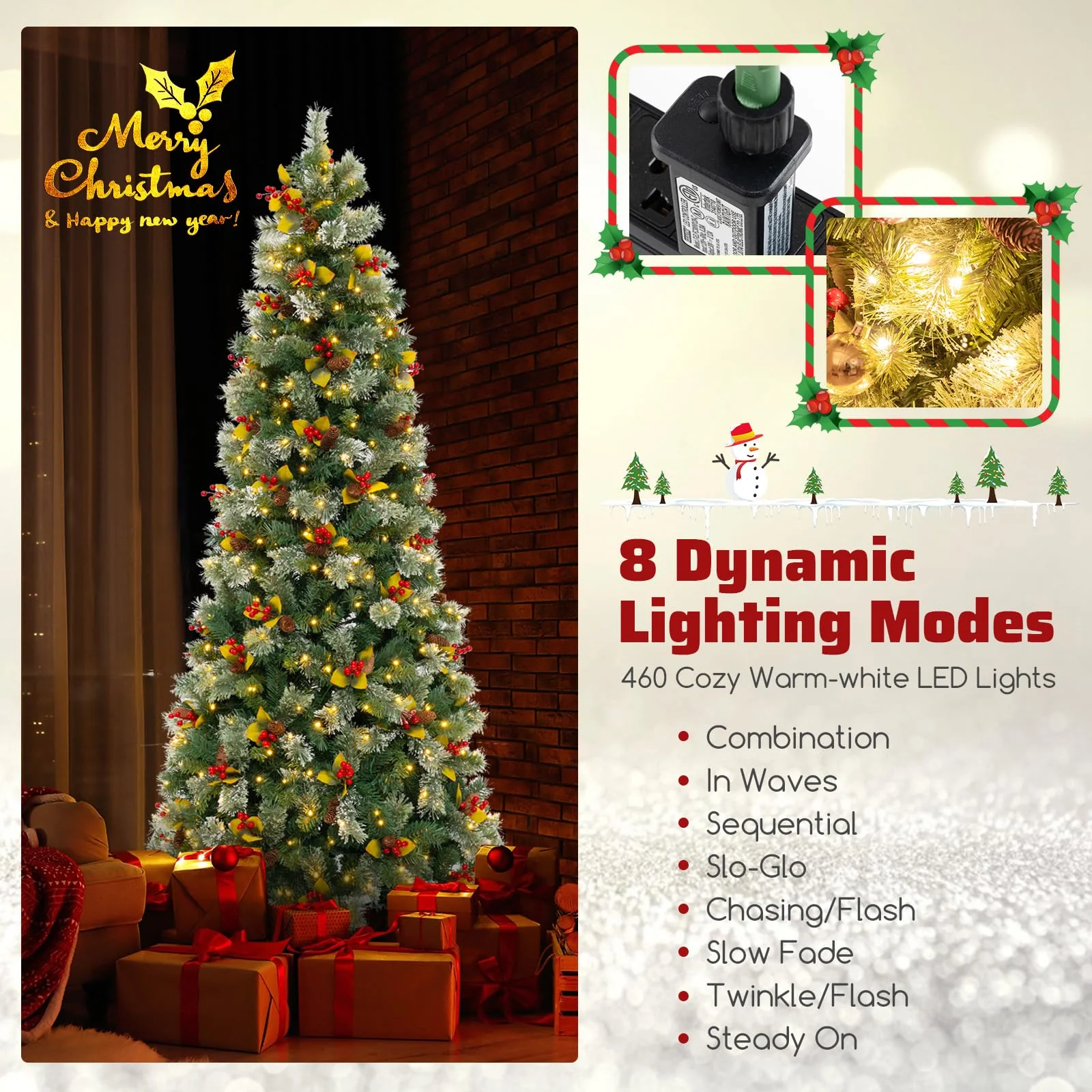 Goplus 7.5ft Pre-Lit Artificial Christmas Tree, Hinged Xmas Tree with 1096 PVC & Pine Needles - Image 2