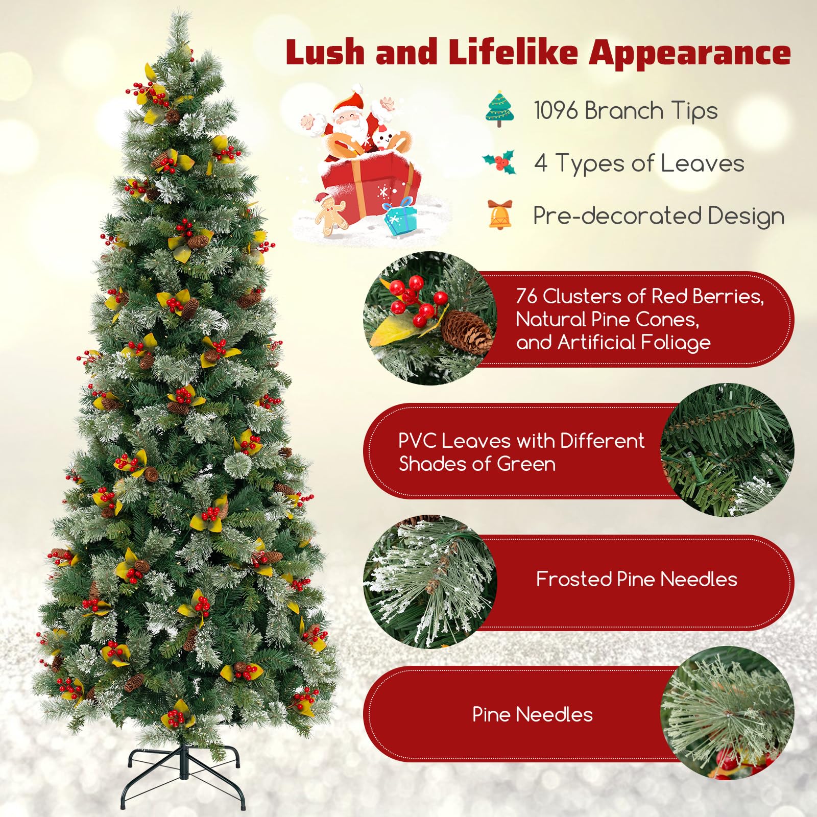 Goplus 7.5ft Pre-Lit Artificial Christmas Tree, Hinged Xmas Tree with 1096 PVC & Pine Needles - Image 3