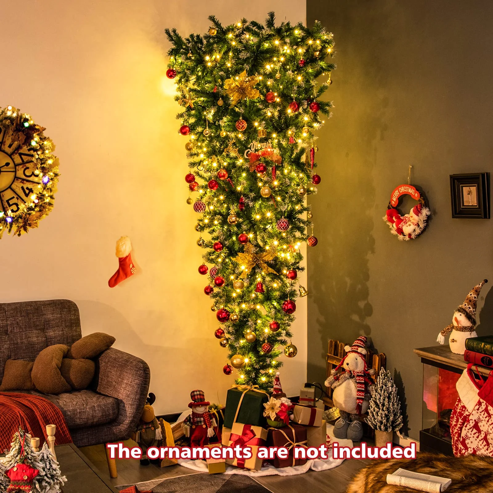Goplus 7.5ft Pre-lit Upside Down Christmas Tree, Hinged Inverted Artificial Xmas Tree W/ 1100 Snowy Branch Tips - Image 3