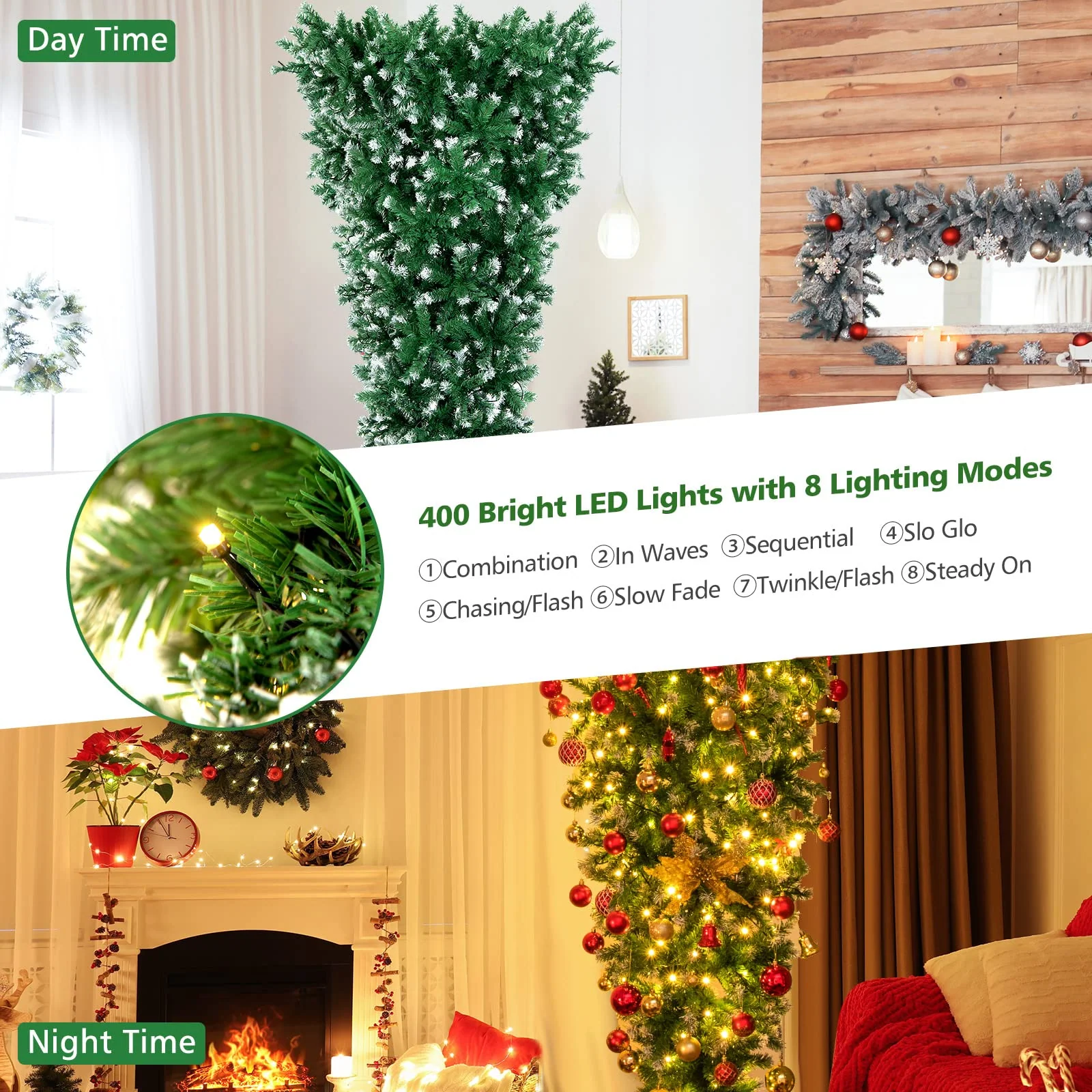 Goplus 7.5ft Pre-lit Upside Down Christmas Tree, Hinged Inverted Artificial Xmas Tree W/ 1100 Snowy Branch Tips - Image 4