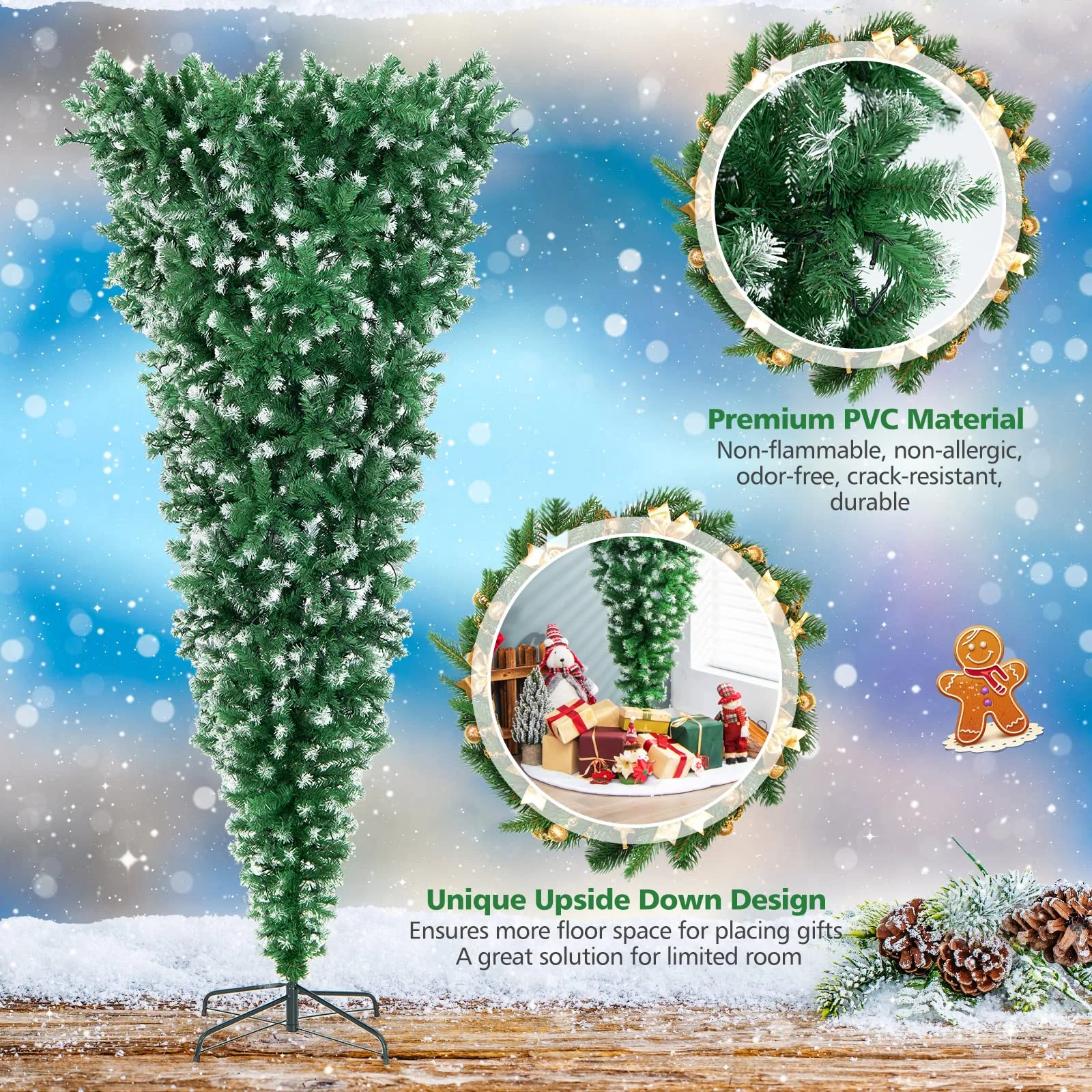 Goplus 7.5ft Pre-lit Upside Down Christmas Tree, Hinged Inverted Artificial Xmas Tree W/ 1100 Snowy Branch Tips - Image 5