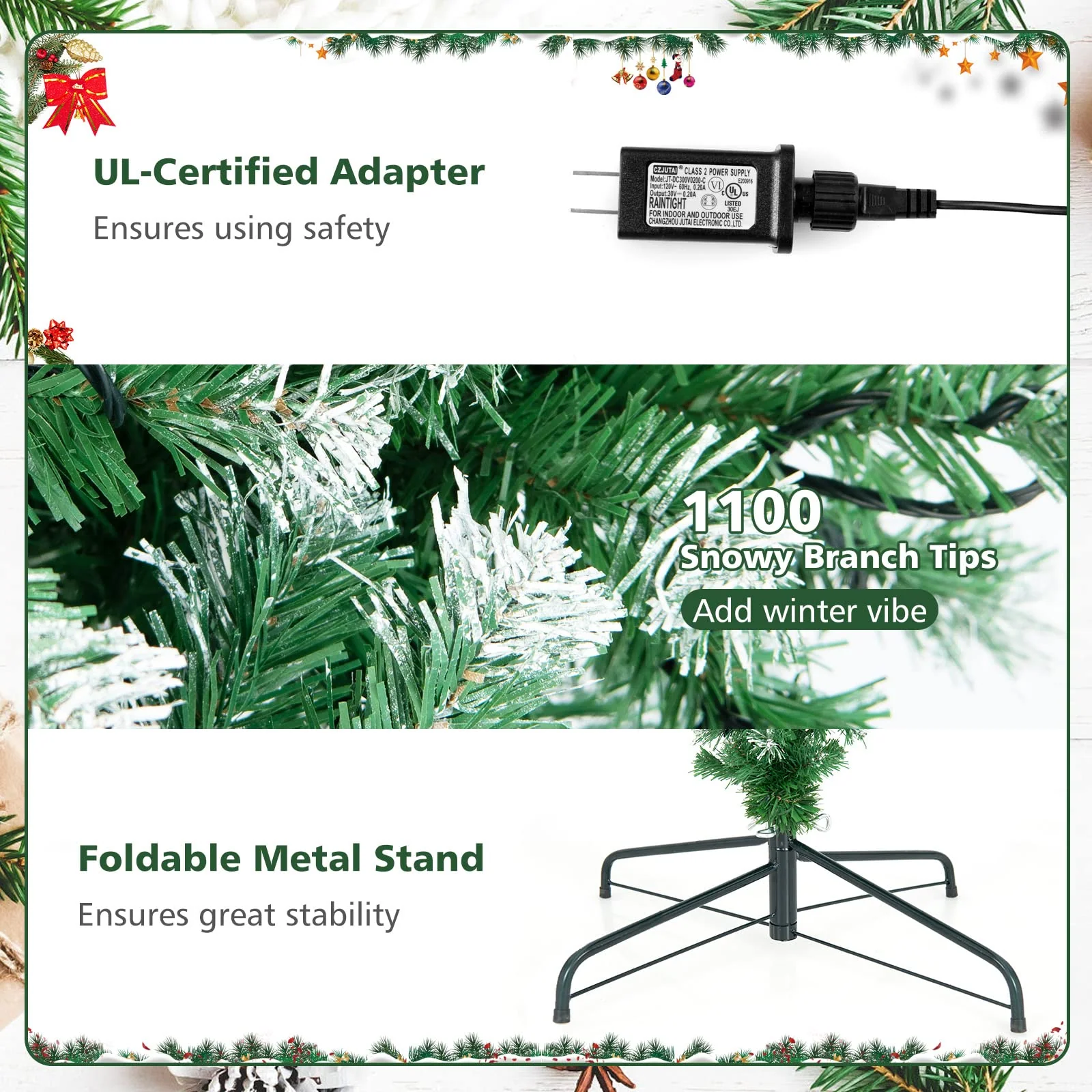 Goplus 7.5ft Pre-lit Upside Down Christmas Tree, Hinged Inverted Artificial Xmas Tree W/ 1100 Snowy Branch Tips - Image 6