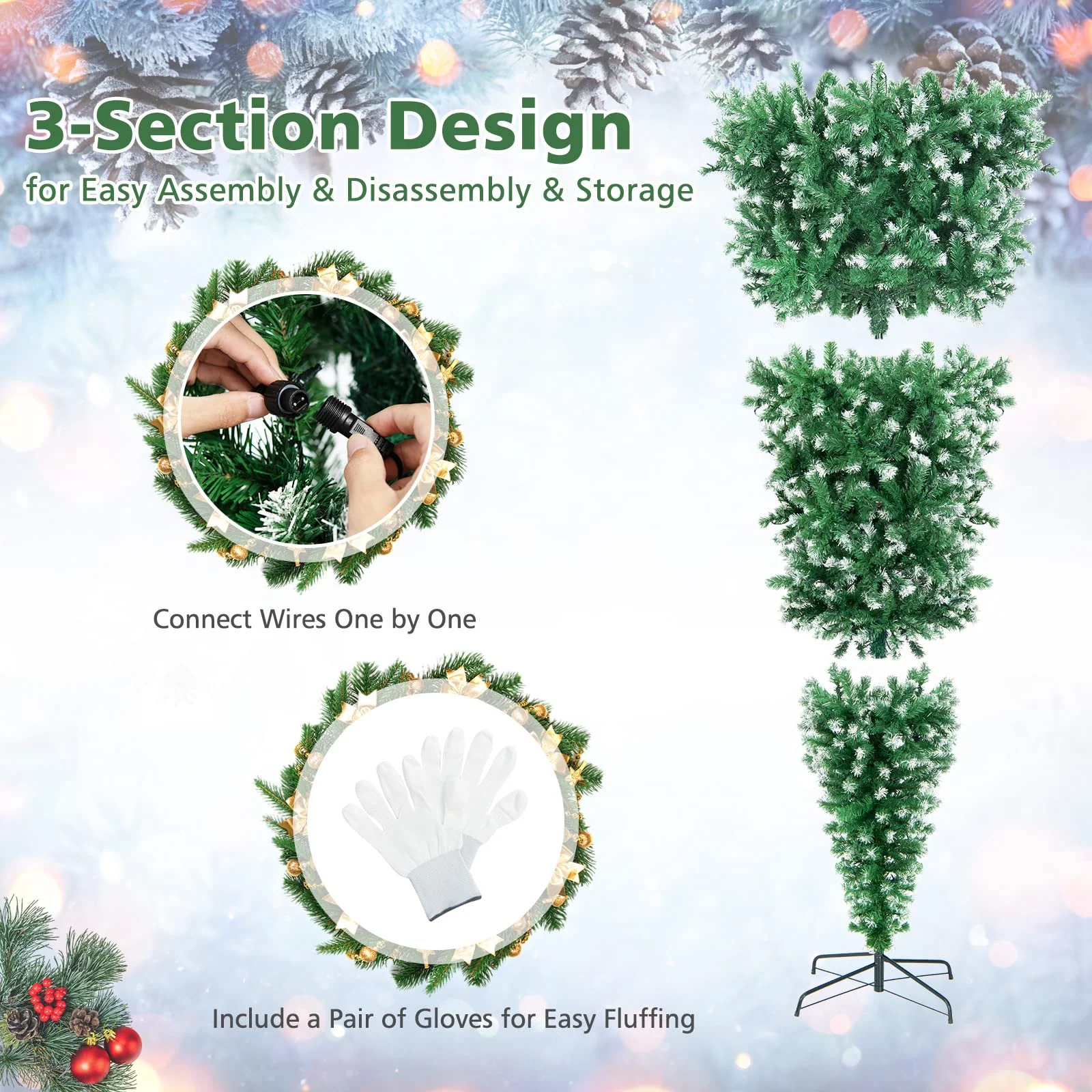 Goplus 7.5ft Pre-lit Upside Down Christmas Tree, Hinged Inverted Artificial Xmas Tree W/ 1100 Snowy Branch Tips - Image 7