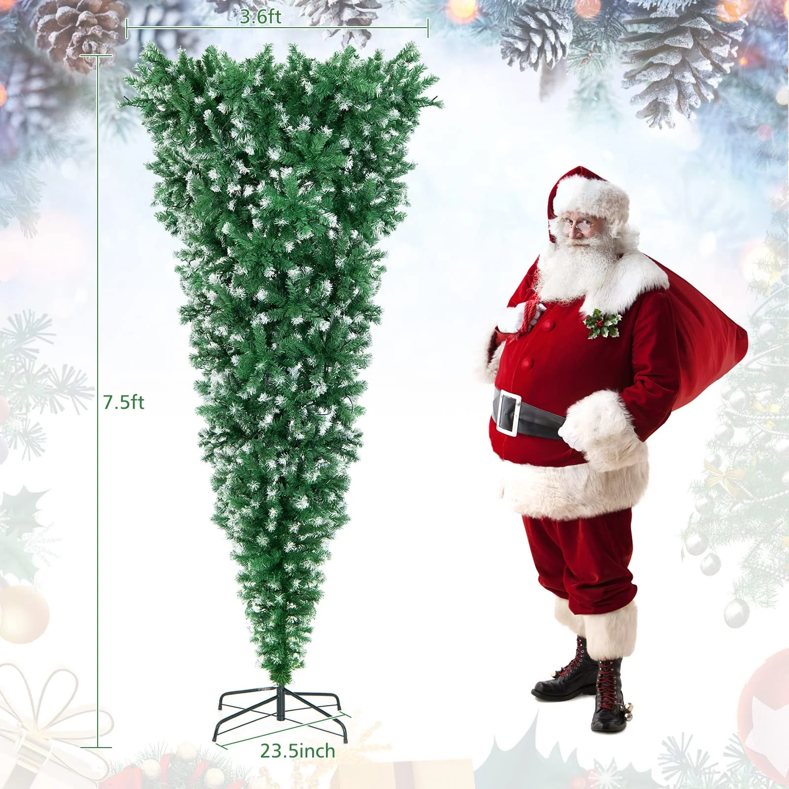 Goplus 7.5ft Pre-lit Upside Down Christmas Tree, Hinged Inverted Artificial Xmas Tree W/ 1100 Snowy Branch Tips - Image 8