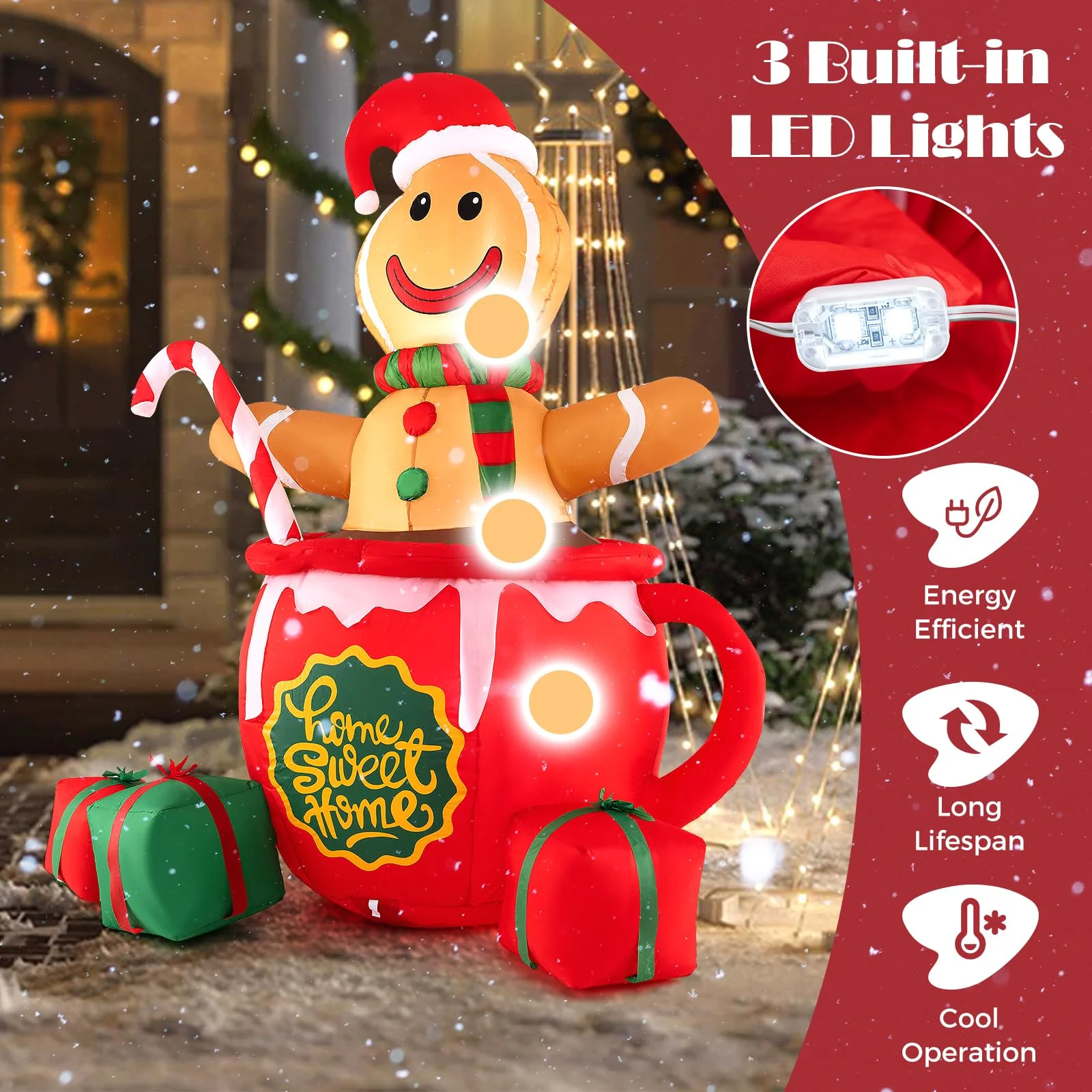 Goplus 7 Ft Christmas Inflatable, Blow up Pre-Lit Gingerbread Man in Mug with Gift Boxes & Candy Cane - Image 2