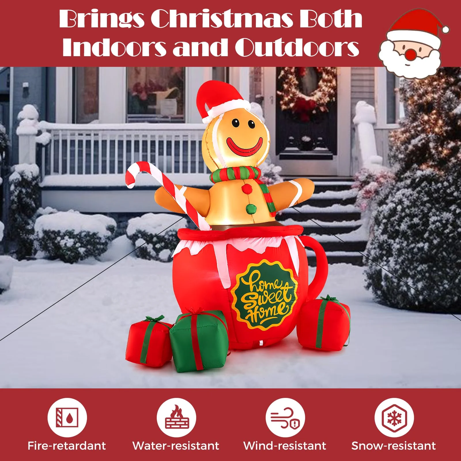 Goplus 7 Ft Christmas Inflatable, Blow up Pre-Lit Gingerbread Man in Mug with Gift Boxes & Candy Cane - Image 3