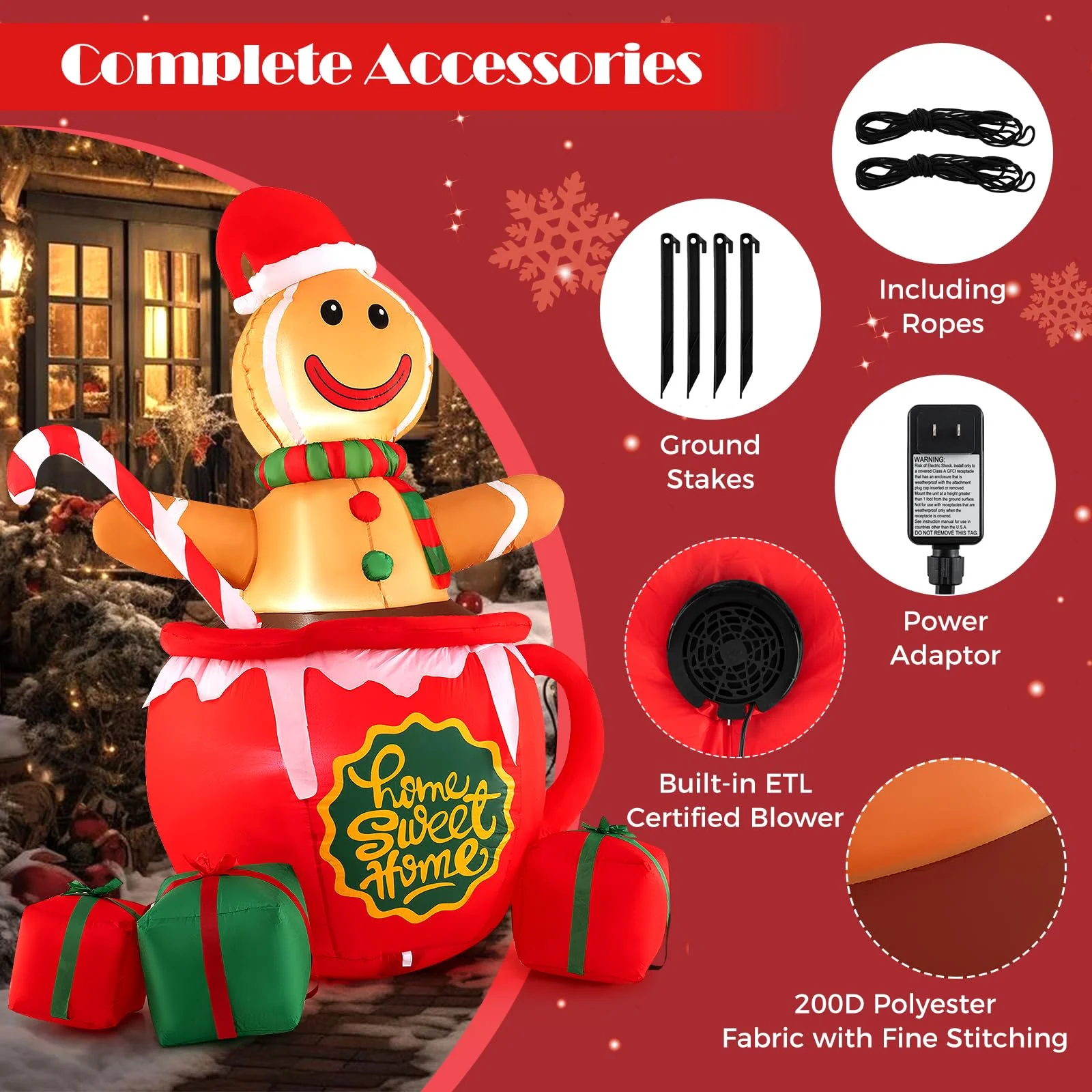 Goplus 7 Ft Christmas Inflatable, Blow up Pre-Lit Gingerbread Man in Mug with Gift Boxes & Candy Cane - Image 5