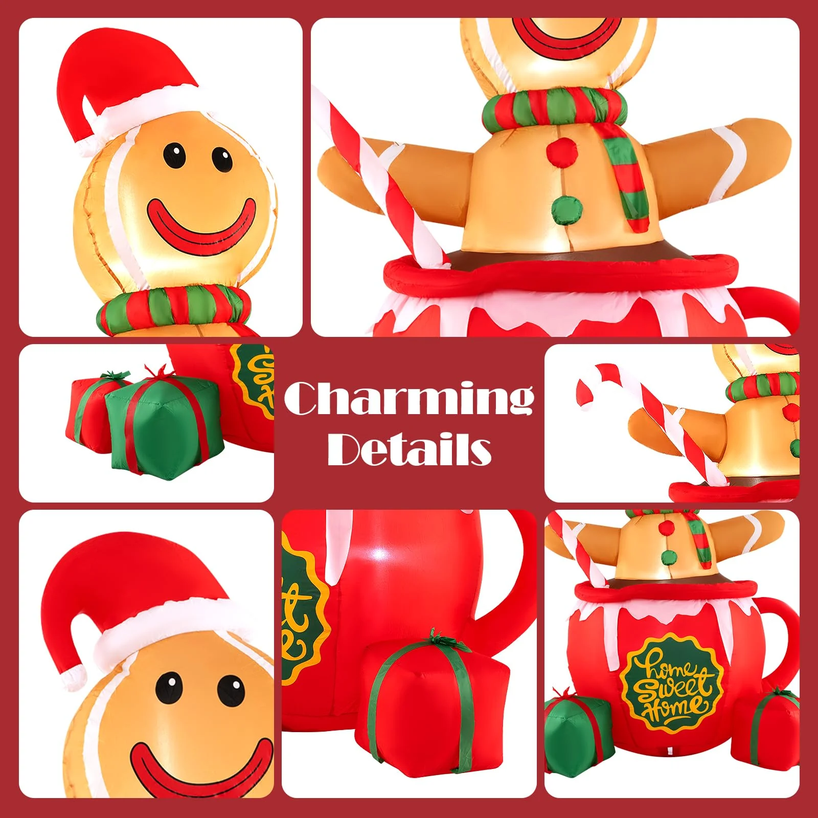 Goplus 7 Ft Christmas Inflatable, Blow up Pre-Lit Gingerbread Man in Mug with Gift Boxes & Candy Cane - Image 6