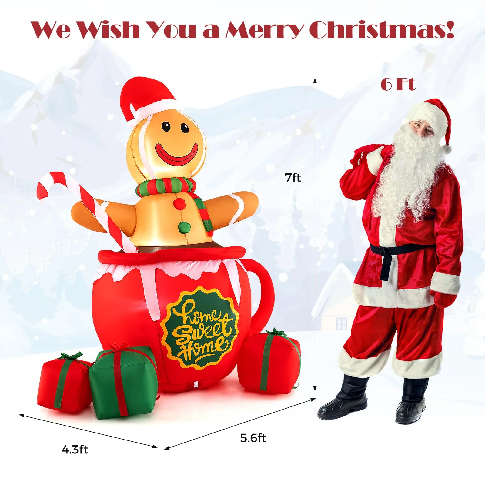 Goplus 7 Ft Christmas Inflatable, Blow up Pre-Lit Gingerbread Man in Mug with Gift Boxes & Candy Cane - Image 7