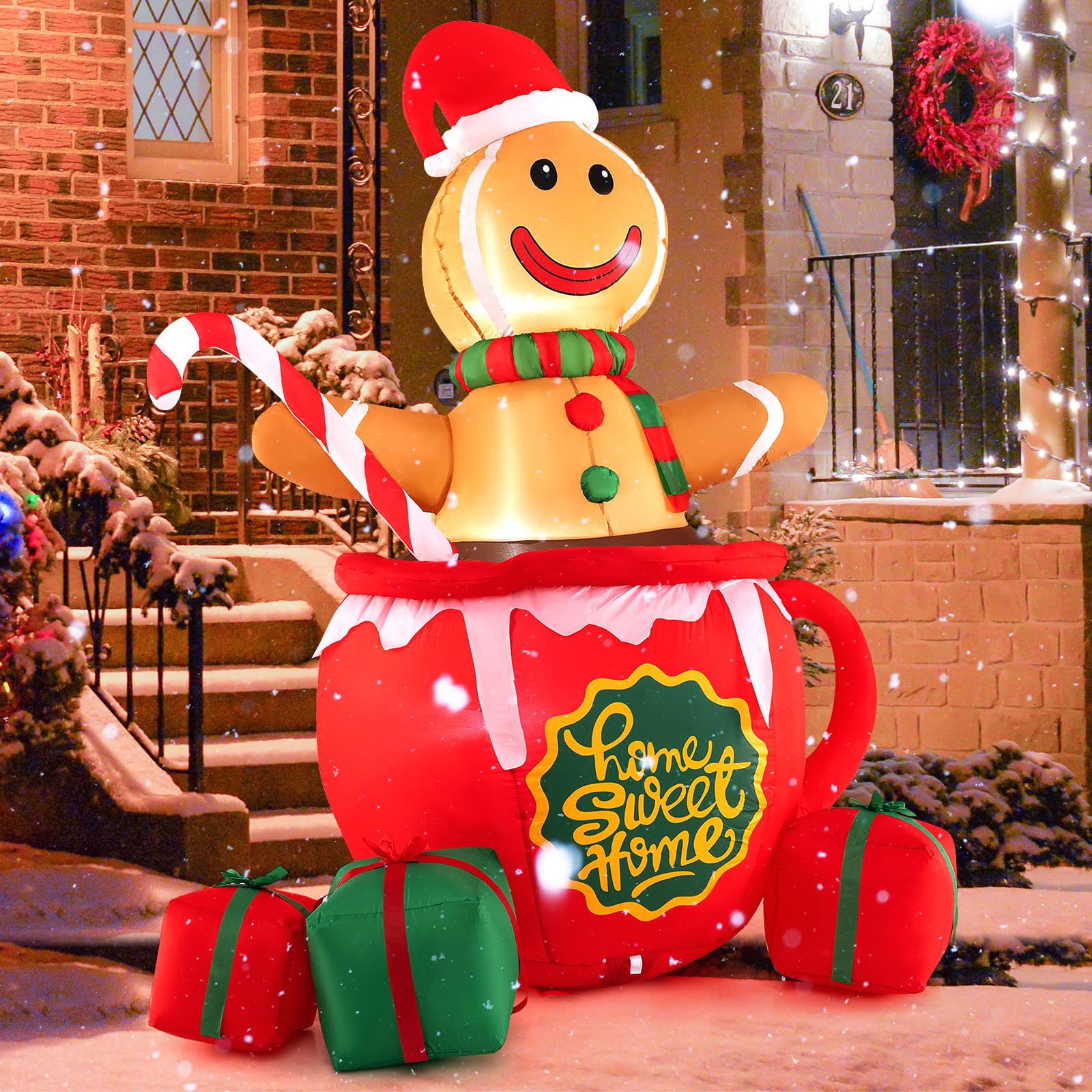 Goplus 7 Ft Christmas Inflatable, Blow up Pre-Lit Gingerbread Man in Mug with Gift Boxes & Candy Cane - Image 8