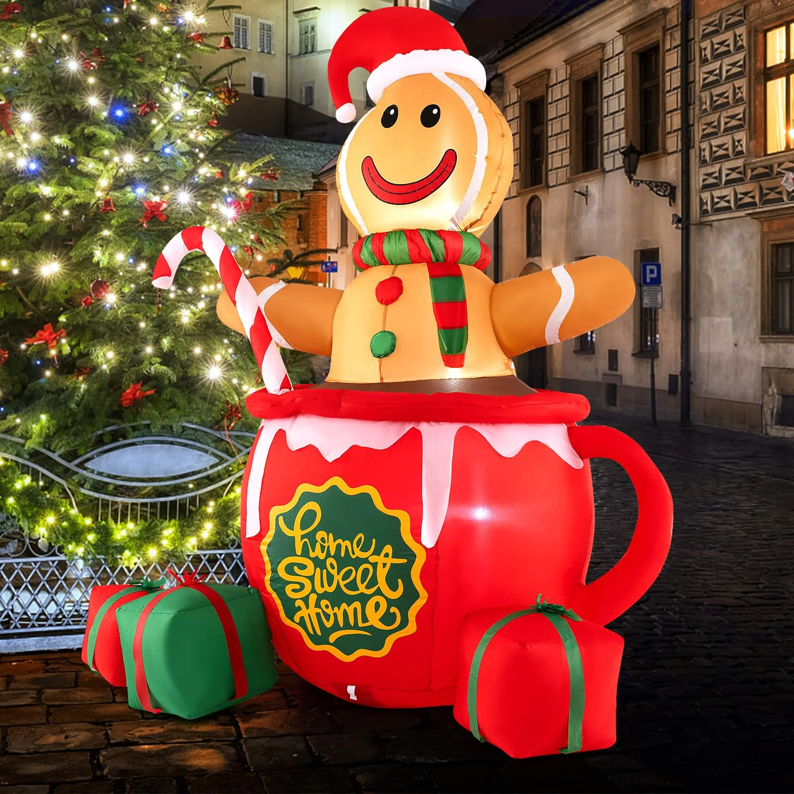 Goplus 7 Ft Christmas Inflatable, Blow up Pre-Lit Gingerbread Man in Mug with Gift Boxes & Candy Cane - Image 9