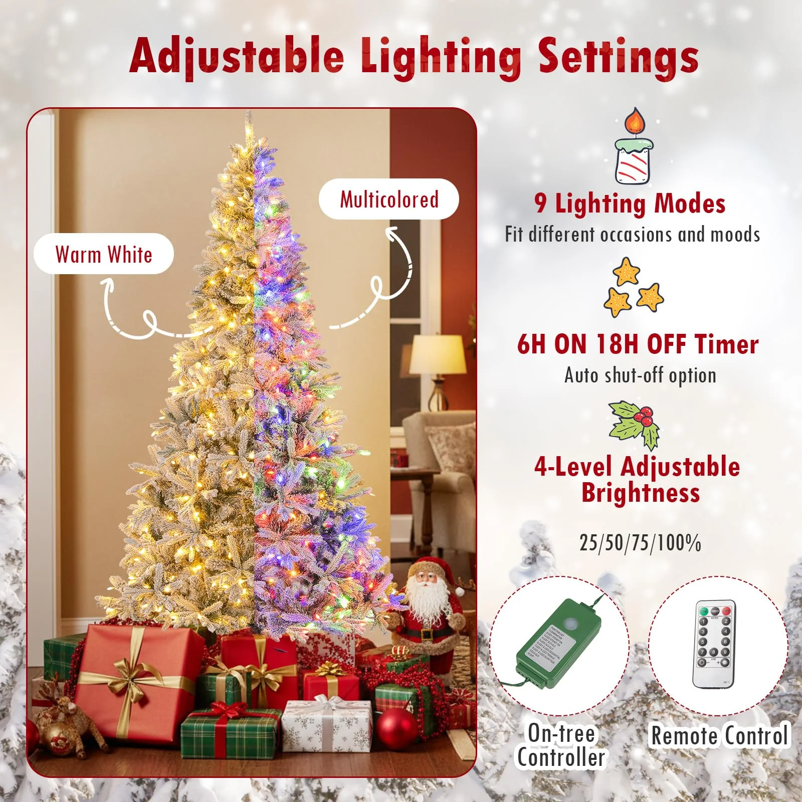 Goplus 7 FT Half Snow Flocked Christmas Tree with 240 Warm White & Multicolored LED Lights - Image 2