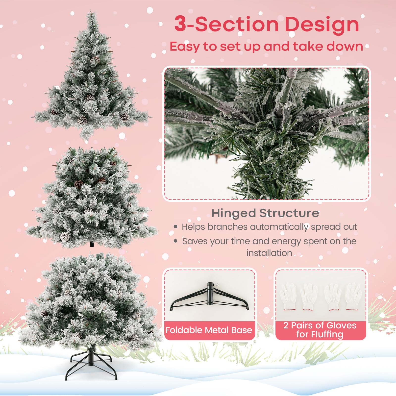 Goplus 7 FT Pre-Lit Snow Flocked Christmas Tree, Artificial Hinged Xmas Tree with 1057 PVC & Pine Needles Branch Tip - Image 5