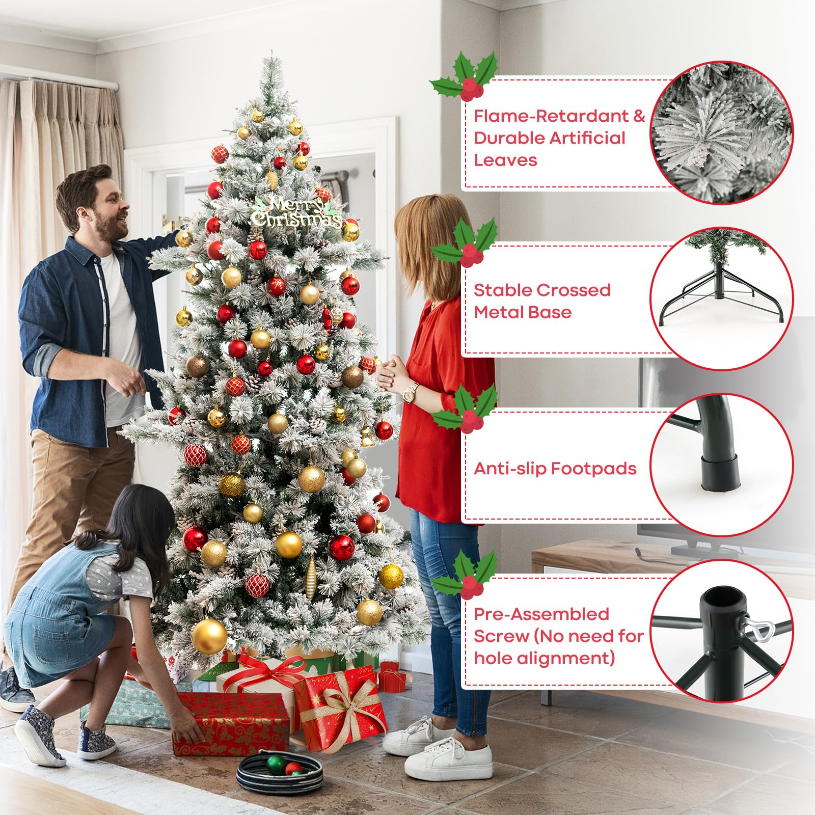 Goplus 7 FT Pre-Lit Snow Flocked Christmas Tree, Artificial Hinged Xmas Tree with 1057 PVC & Pine Needles Branch Tip - Image 6