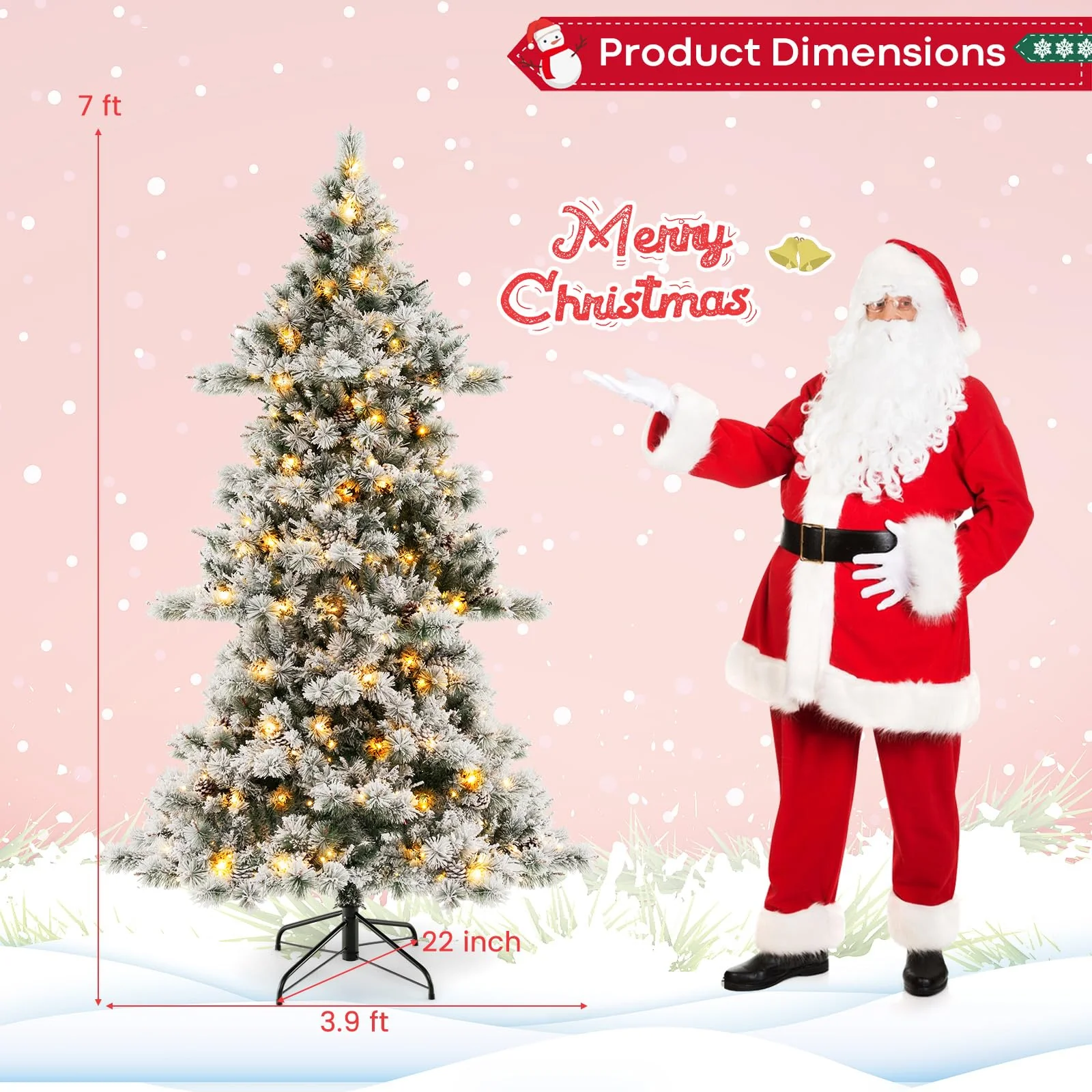 Goplus 7 FT Pre-Lit Snow Flocked Christmas Tree, Artificial Hinged Xmas Tree with 1057 PVC & Pine Needles Branch Tip - Image 8