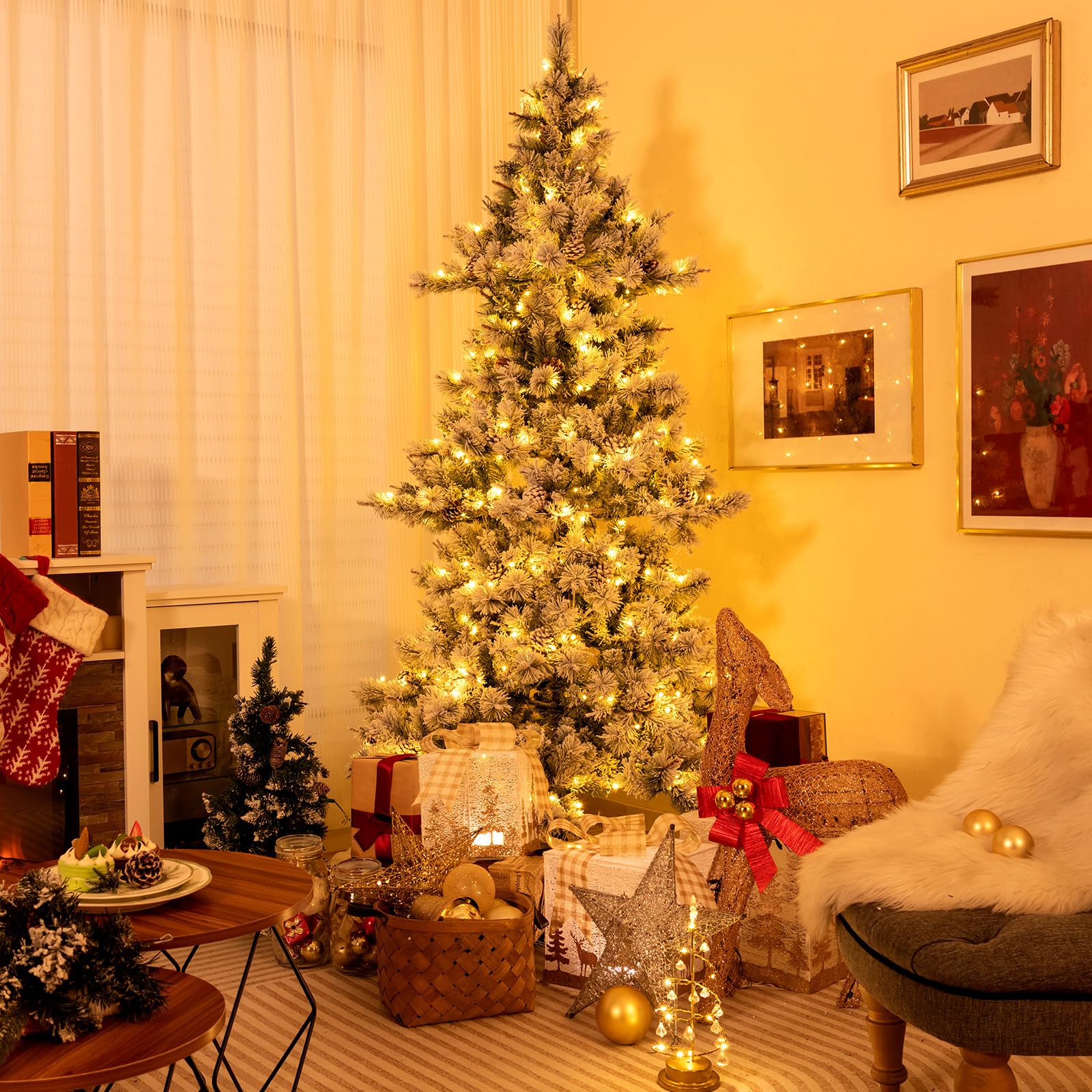Goplus 7 FT Pre-Lit Snow Flocked Christmas Tree, Artificial Hinged Xmas Tree with 1057 PVC & Pine Needles Branch Tip - Image 9