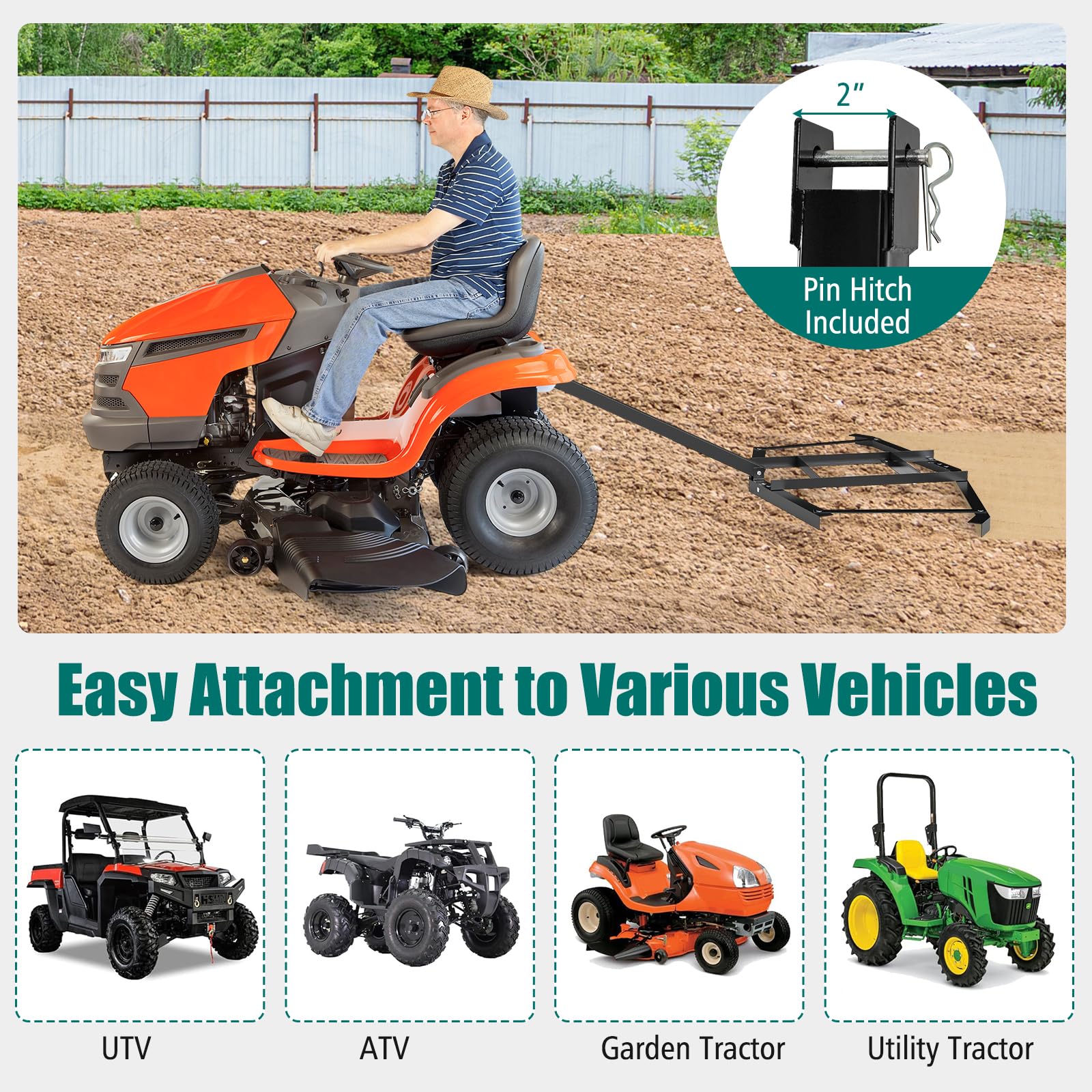 Goplus 74" Wide Driveway Drag Tow Behind Landscape Leveling Rake w/Reinforced Bars - Image 2
