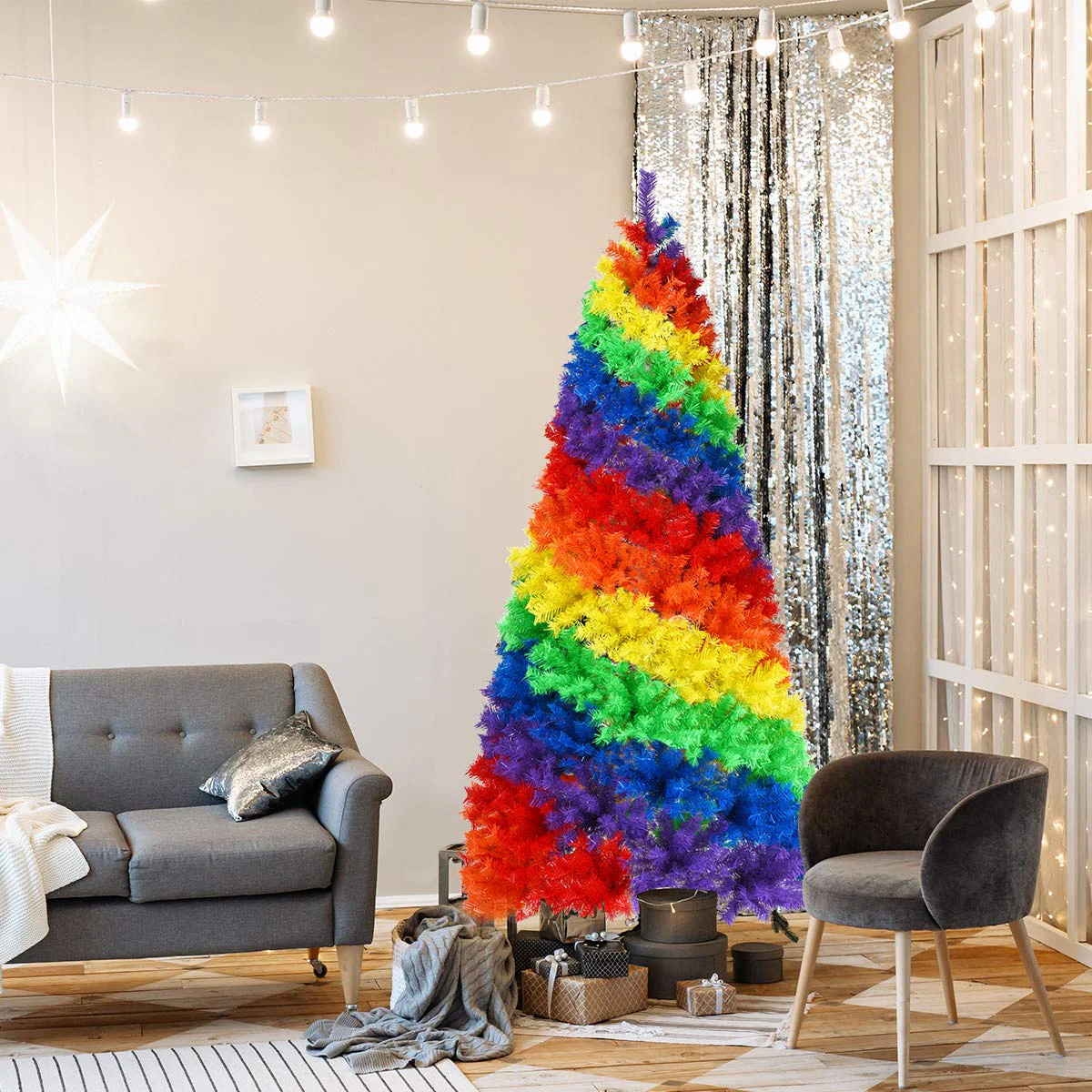 Goplus 7FT Colorful Rainbow Full Fir Christmas Tree, Artificial Hinged Christmas Tree w/Solid Metal Stand - Image 3