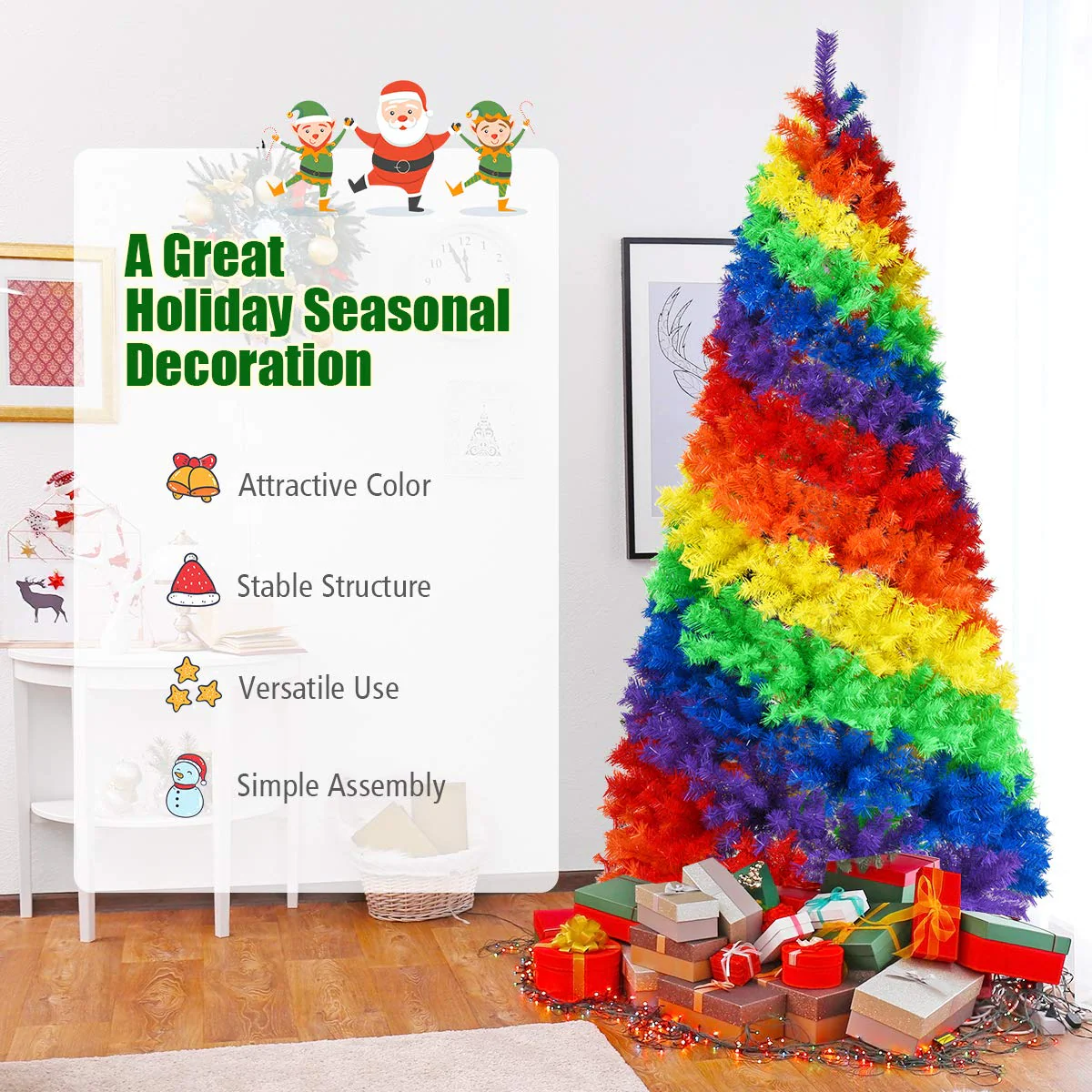 Goplus 7FT Colorful Rainbow Full Fir Christmas Tree, Artificial Hinged Christmas Tree w/Solid Metal Stand - Image 4