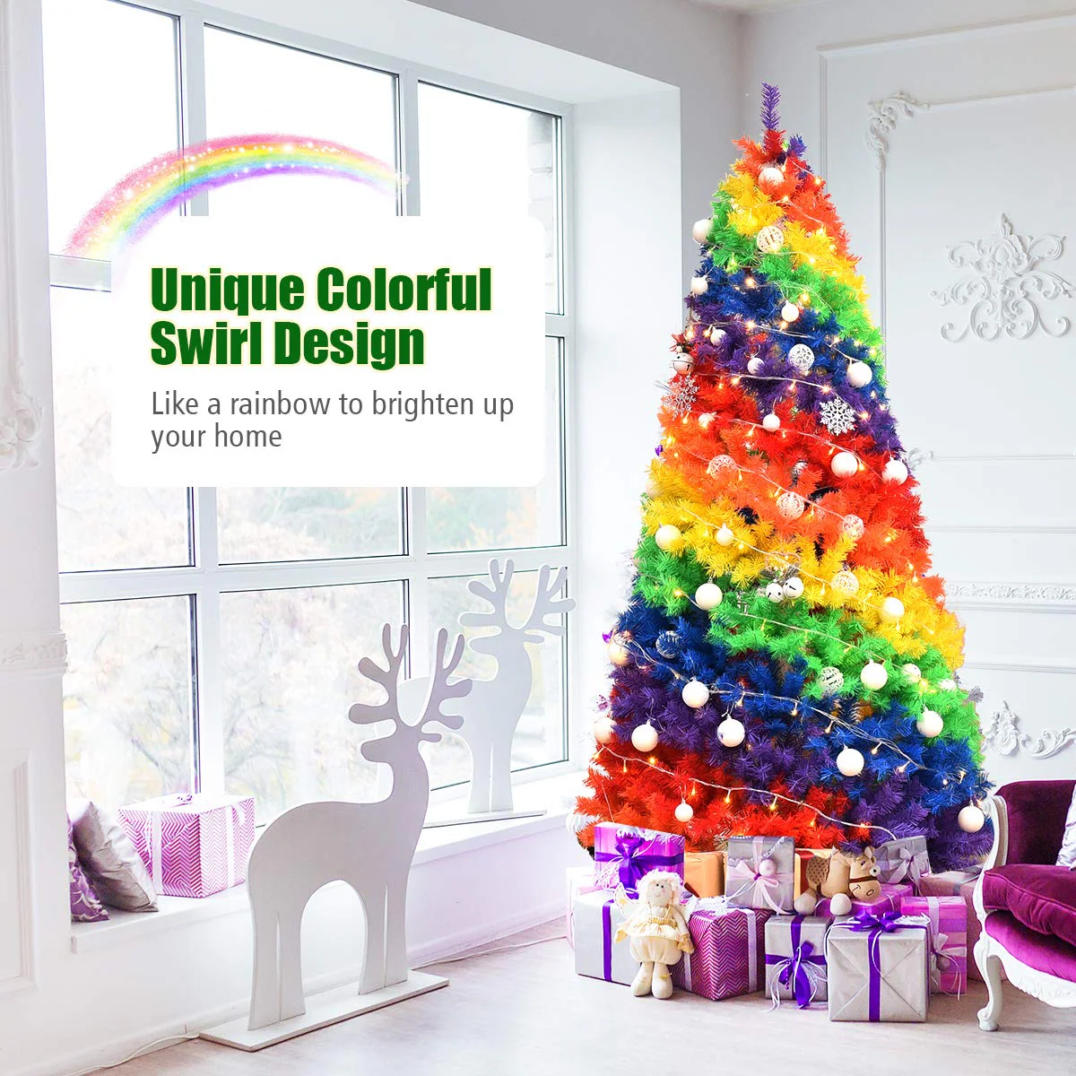 Goplus 7FT Colorful Rainbow Full Fir Christmas Tree, Artificial Hinged Christmas Tree w/Solid Metal Stand - Image 5