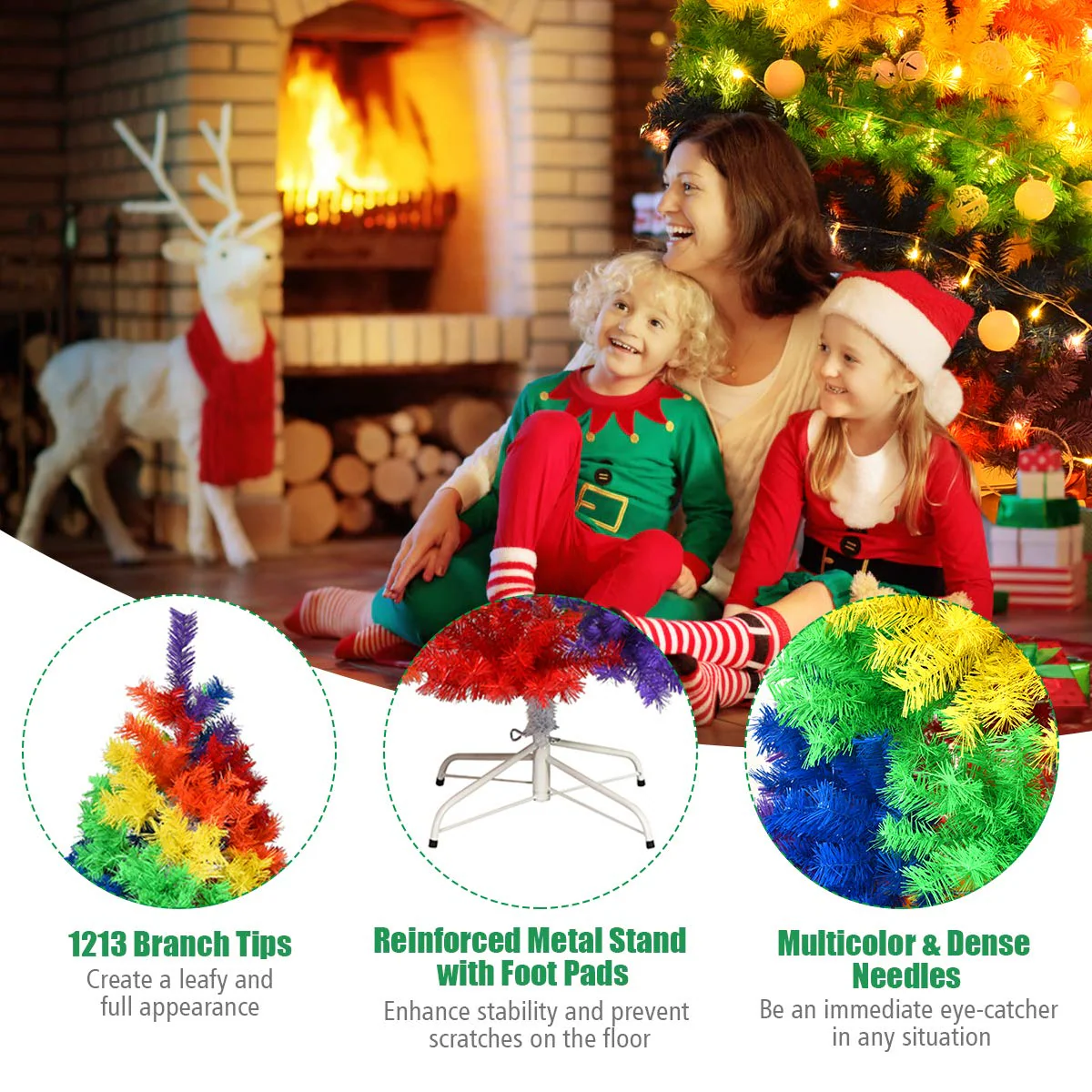Goplus 7FT Colorful Rainbow Full Fir Christmas Tree, Artificial Hinged Christmas Tree w/Solid Metal Stand - Image 6