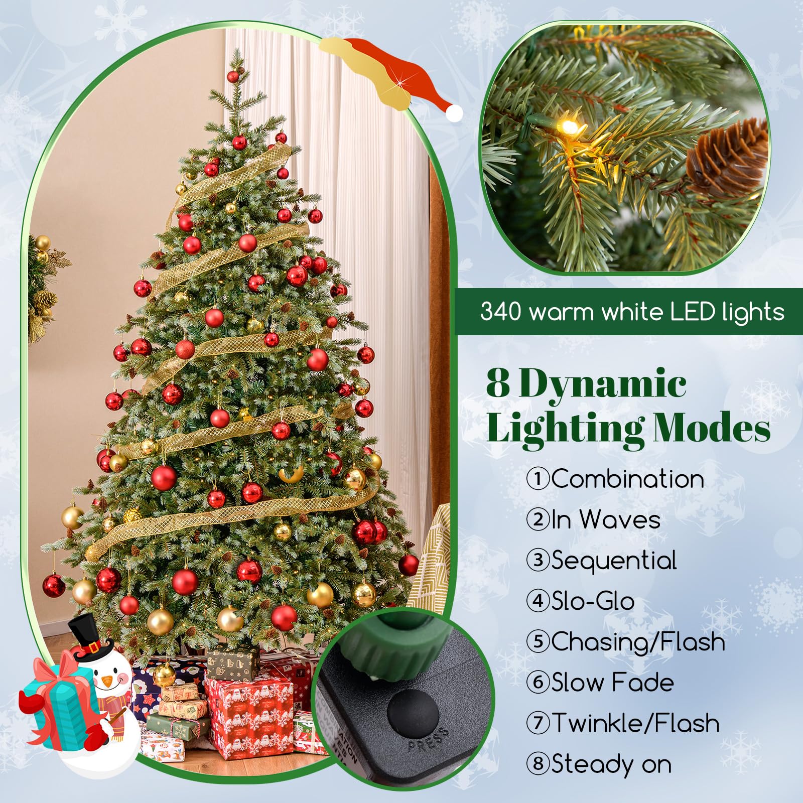 Goplus 7ft Pre-Lit Artificial Christmas Tree, Hinged Full Xmas Pine Tree with 340 Warm White LED Lights - Image 3