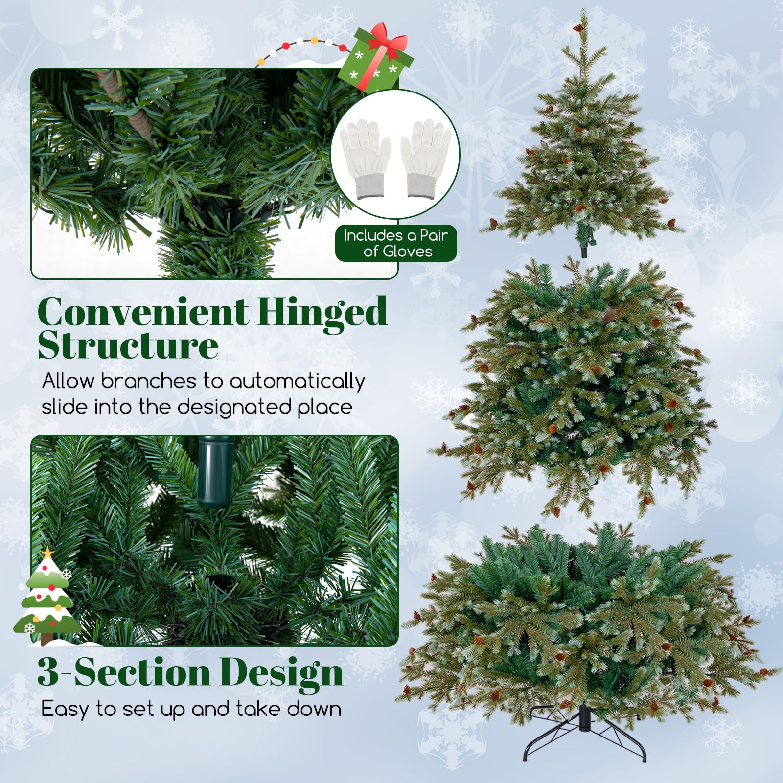 Goplus 7ft Pre-Lit Artificial Christmas Tree, Hinged Full Xmas Pine Tree with 340 Warm White LED Lights - Image 6