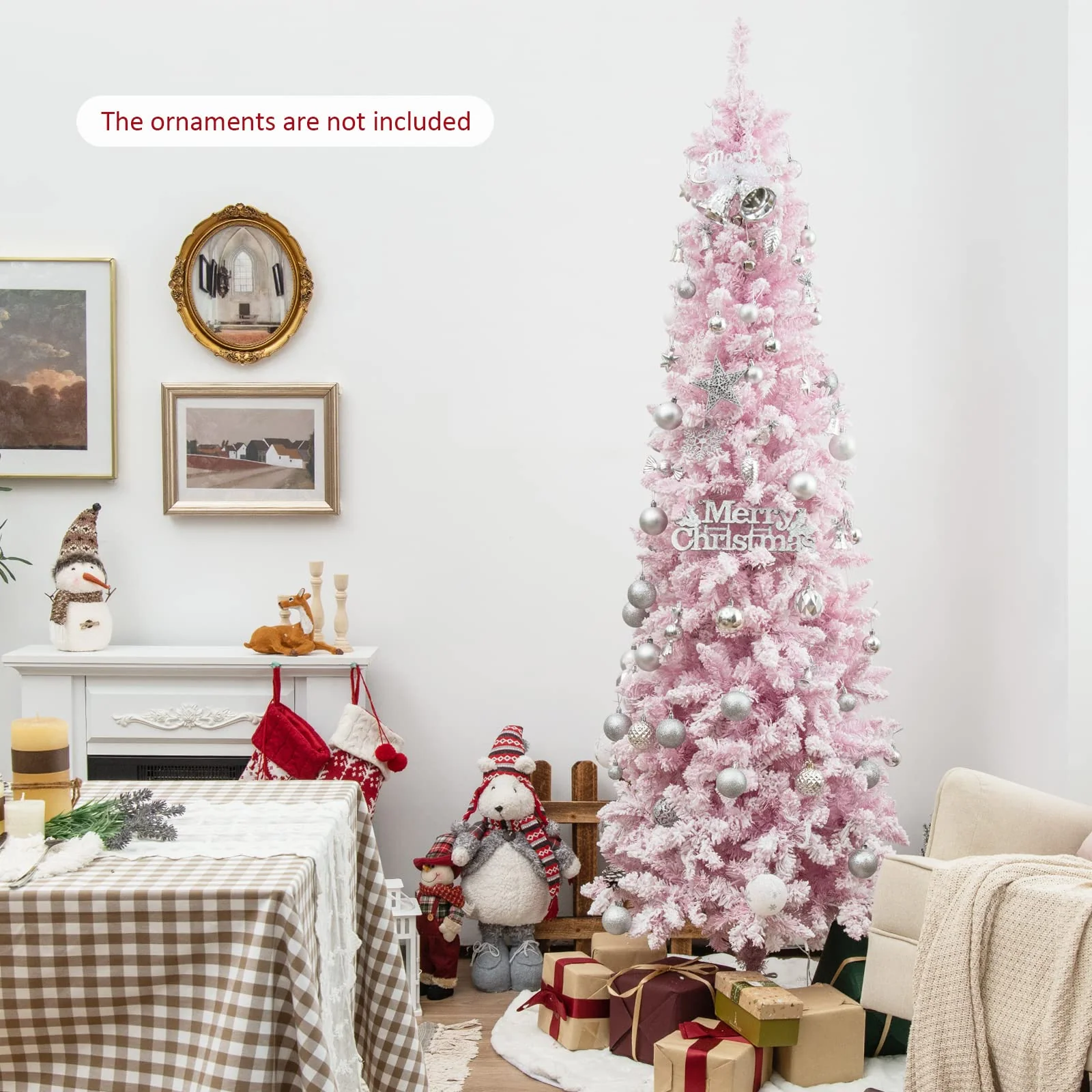 Goplus 7ft Pre-Lit Pencil Christmas Tree, Snow Flocked Artificial Slim Tree with 800 Branch Tips - Image 3