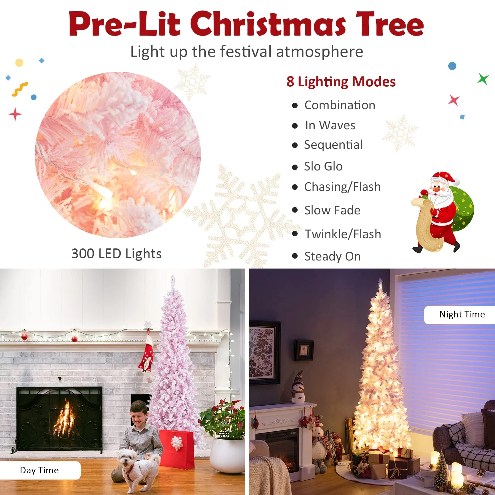 Goplus 7ft Pre-Lit Pencil Christmas Tree, Snow Flocked Artificial Slim Tree with 800 Branch Tips - Image 4