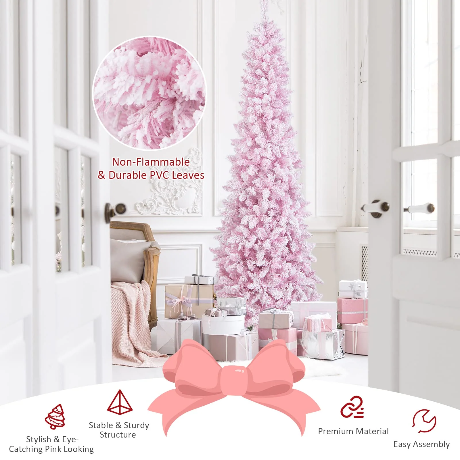 Goplus 7ft Pre-Lit Pencil Christmas Tree, Snow Flocked Artificial Slim Tree with 800 Branch Tips - Image 5