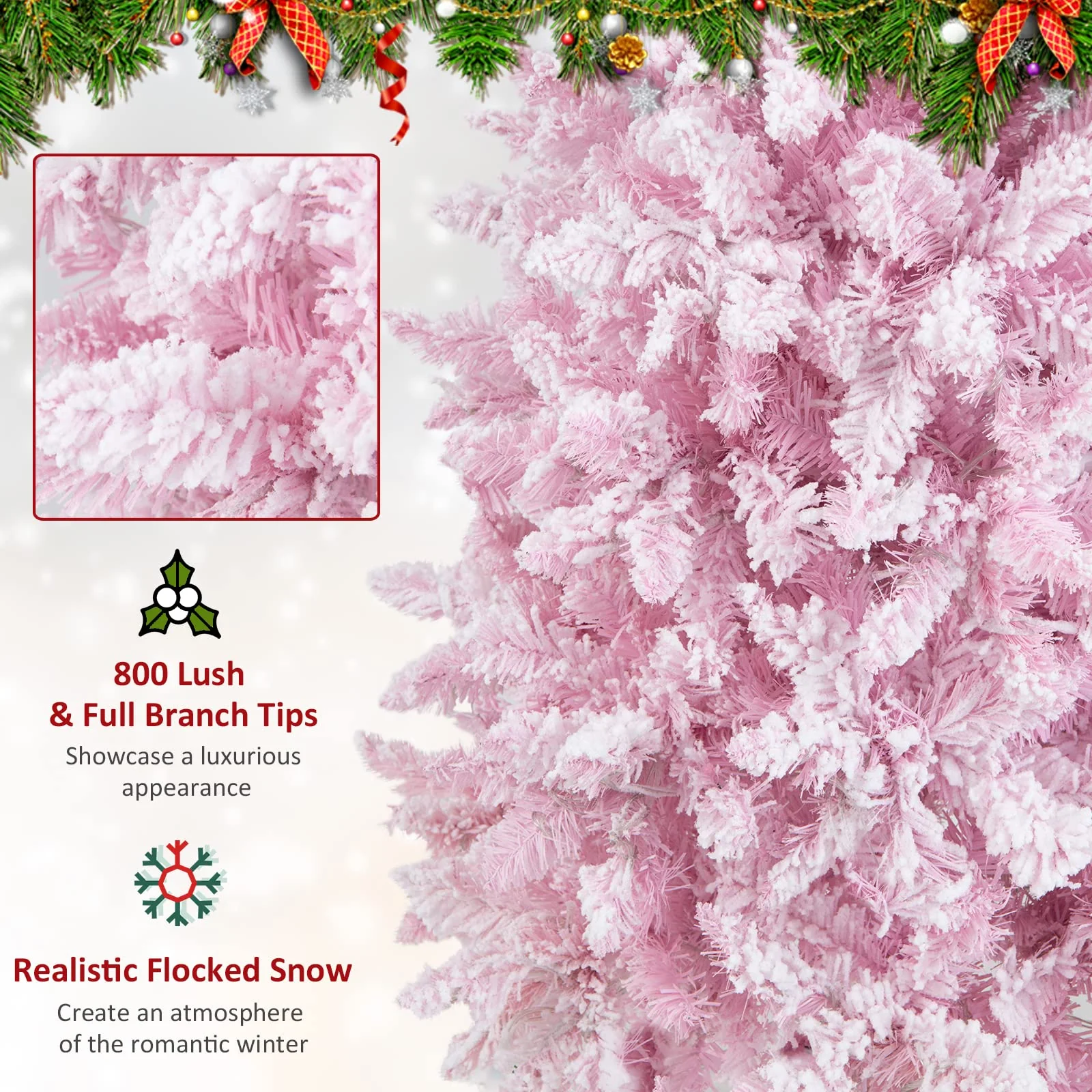 Goplus 7ft Pre-Lit Pencil Christmas Tree, Snow Flocked Artificial Slim Tree with 800 Branch Tips - Image 6