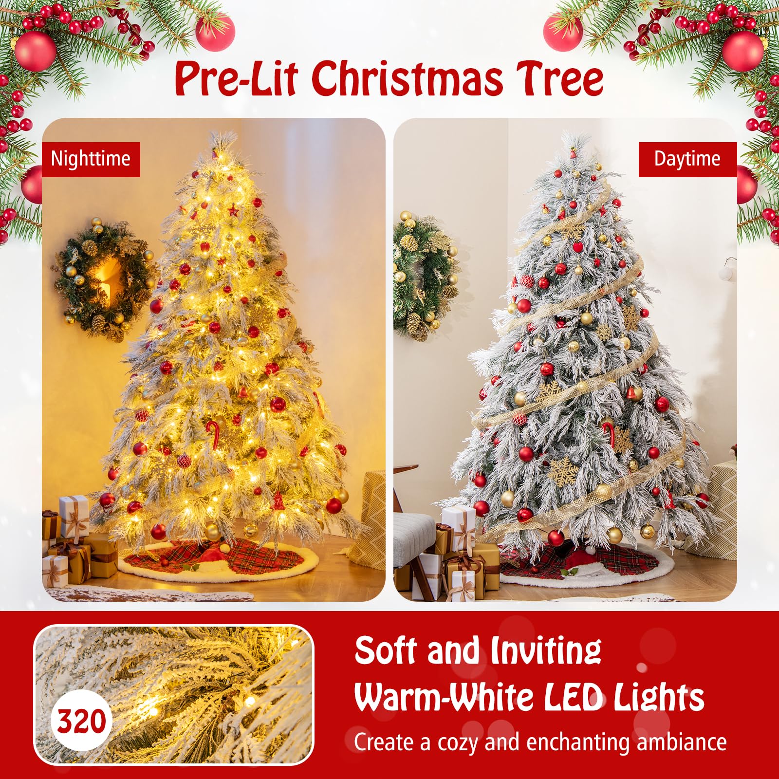 Goplus 7ft Pre-Lit Snow Flocked Christmas Tree, Artificial Hinged Full Xmas Tree with 743 PVC & Pine Needles - Image 3