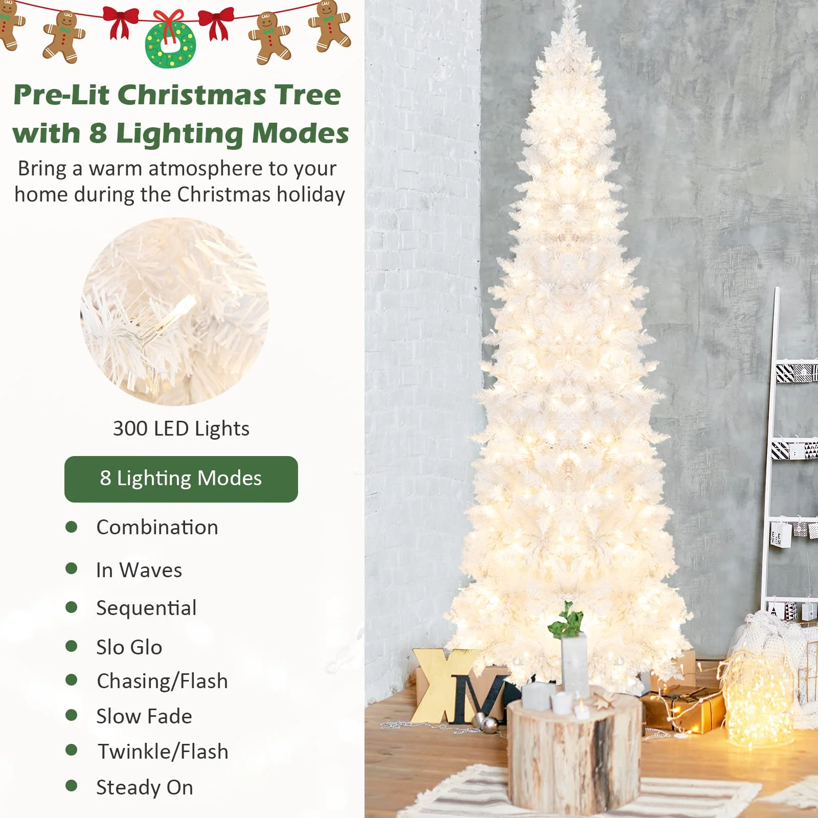 Goplus 7ft White Pre-Lit Pencil Christmas Tree, Artificial Hinged Slim Tree with 800 Tips, 300 Warm White Lights - Image 3