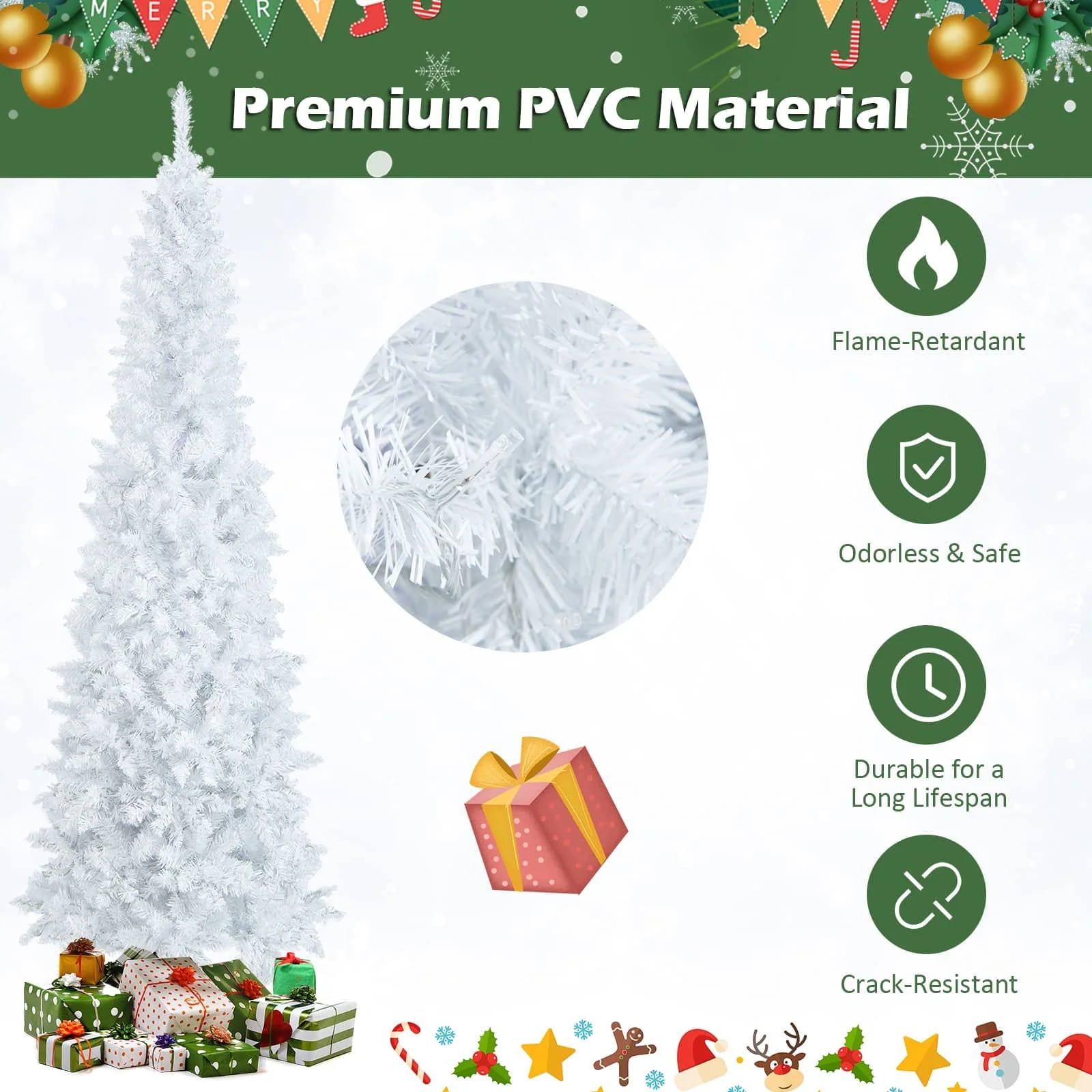 Goplus 7ft White Pre-Lit Pencil Christmas Tree, Artificial Hinged Slim Tree with 800 Tips, 300 Warm White Lights - Image 4