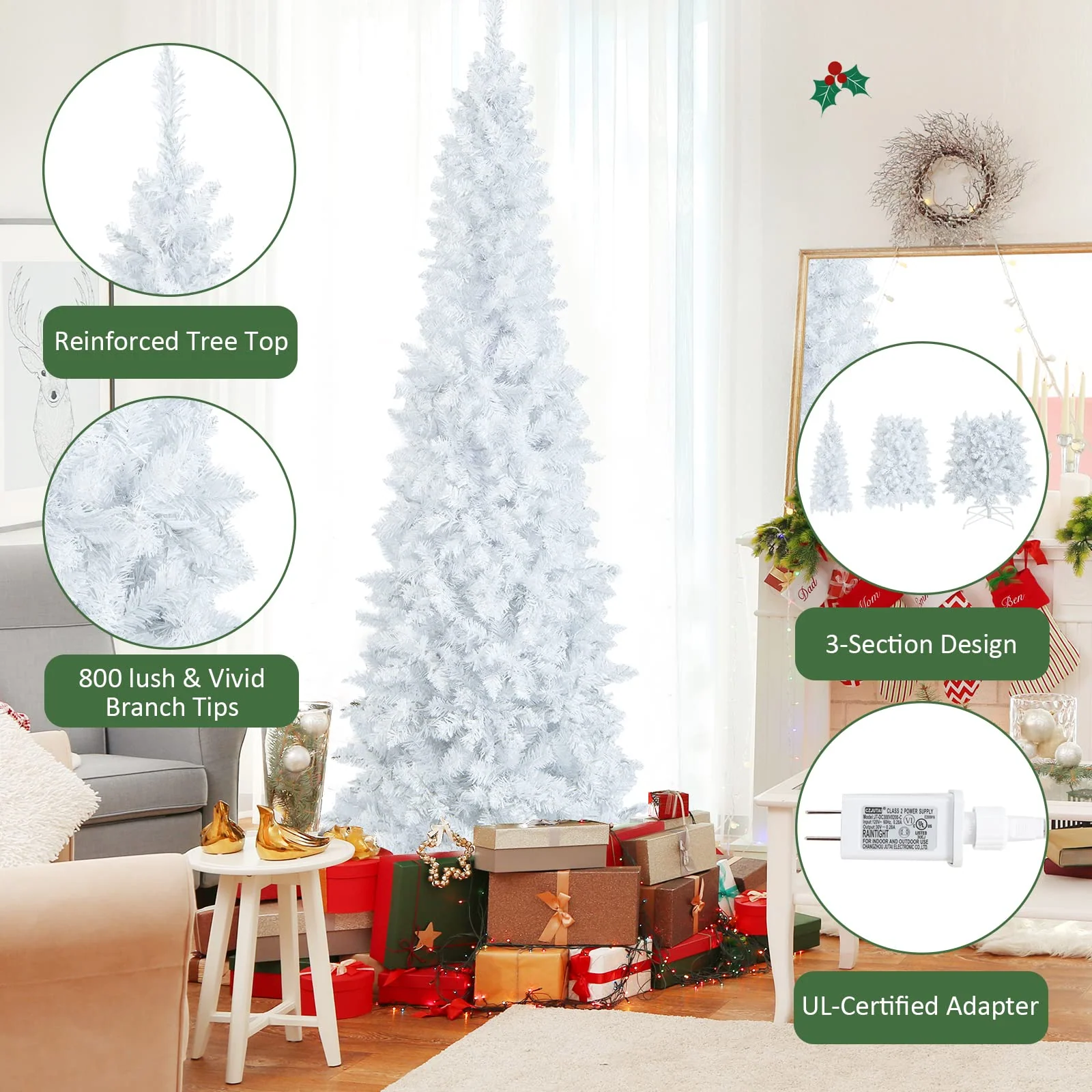 Goplus 7ft White Pre-Lit Pencil Christmas Tree, Artificial Hinged Slim Tree with 800 Tips, 300 Warm White Lights - Image 5