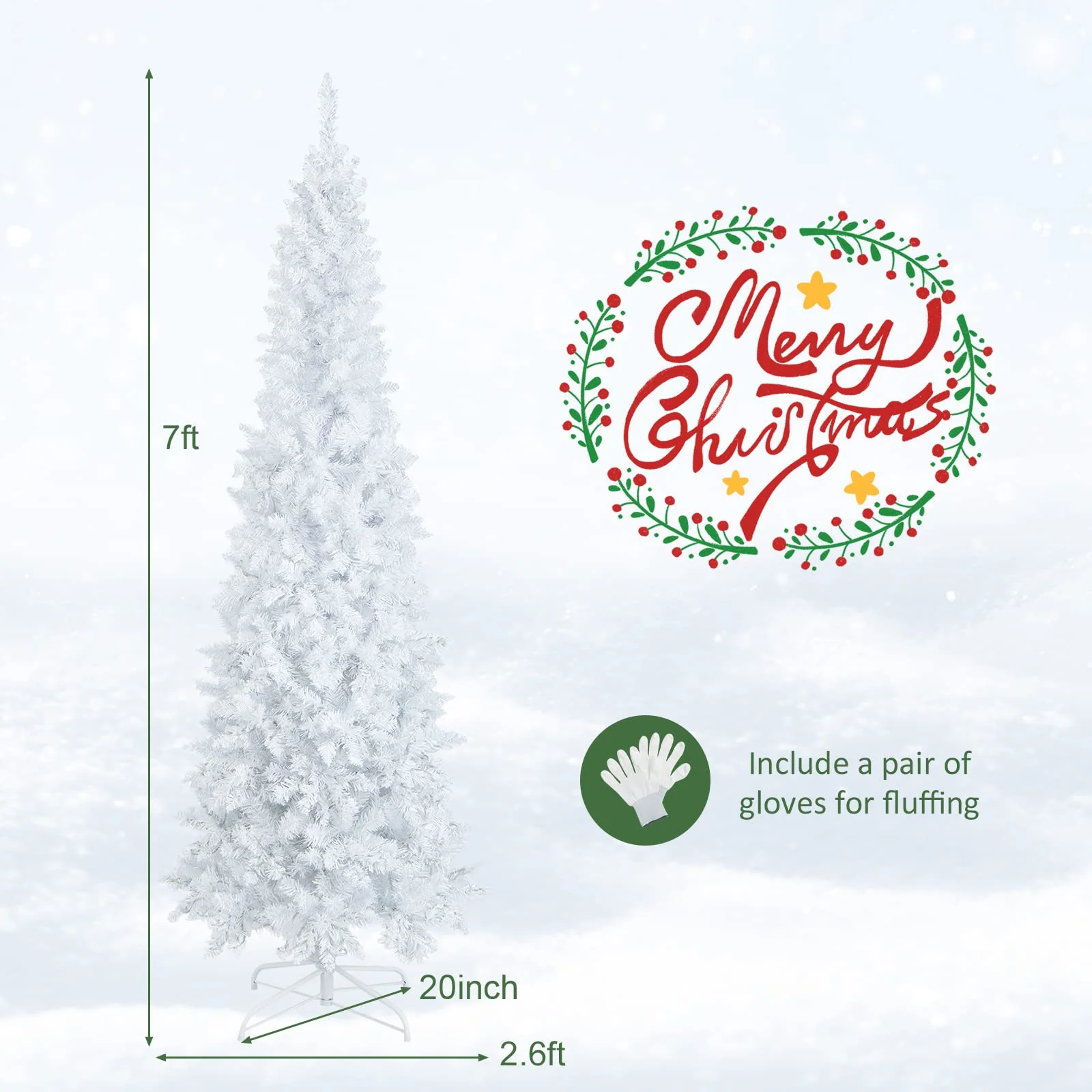 Goplus 7ft White Pre-Lit Pencil Christmas Tree, Artificial Hinged Slim Tree with 800 Tips, 300 Warm White Lights - Image 7