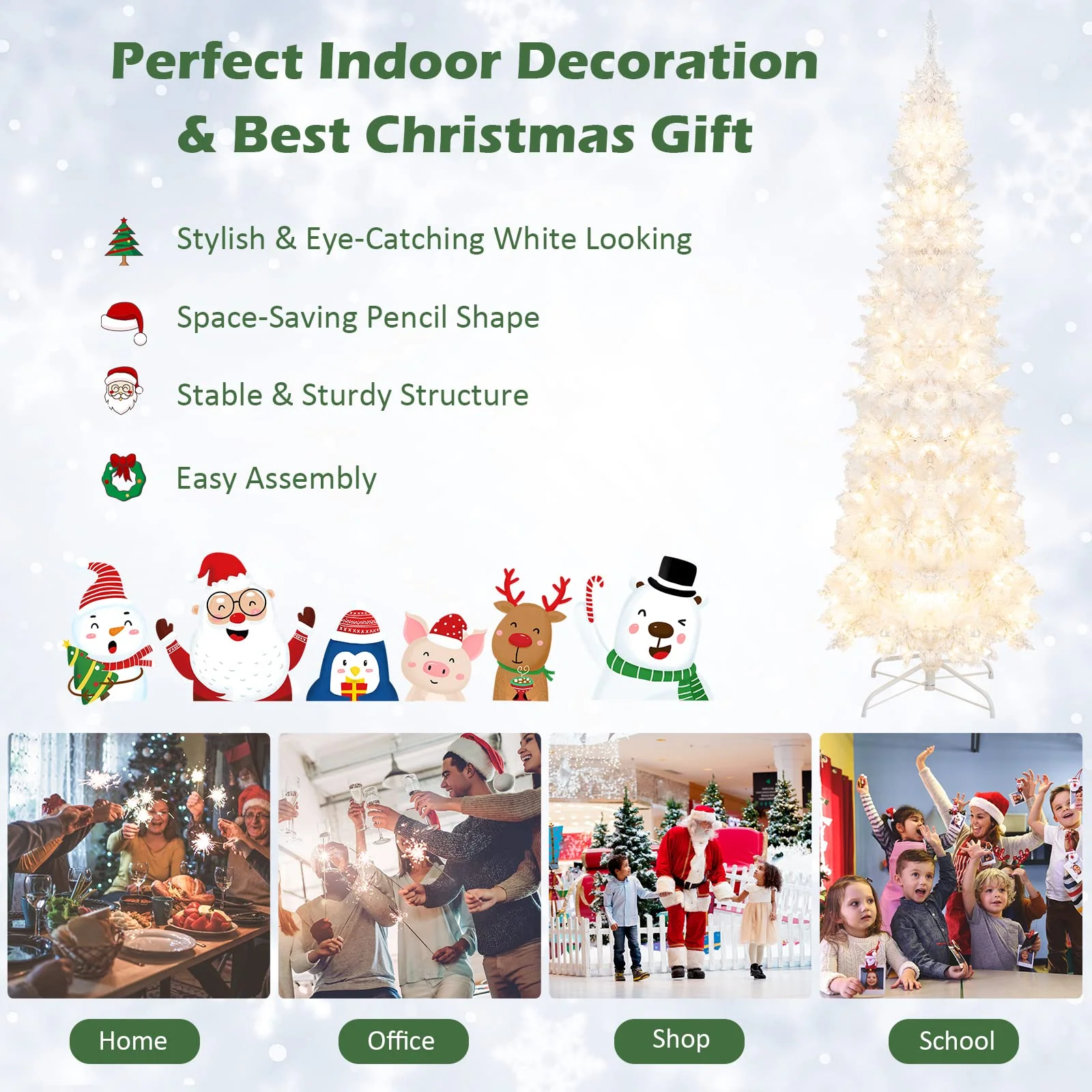 Goplus 7ft White Pre-Lit Pencil Christmas Tree, Artificial Hinged Slim Tree with 800 Tips, 300 Warm White Lights - Image 8