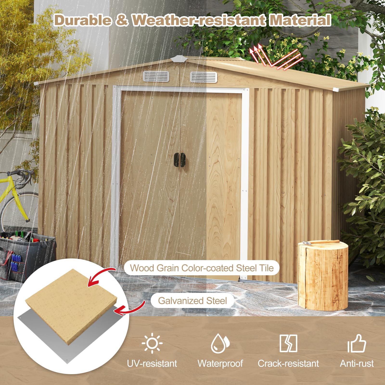 Goplus 8' x 6' Woodgrain Outdoor Storage Shed, Galvanized Metal Tool House Organizer w/Base Floor, 4 Vents - Image 2