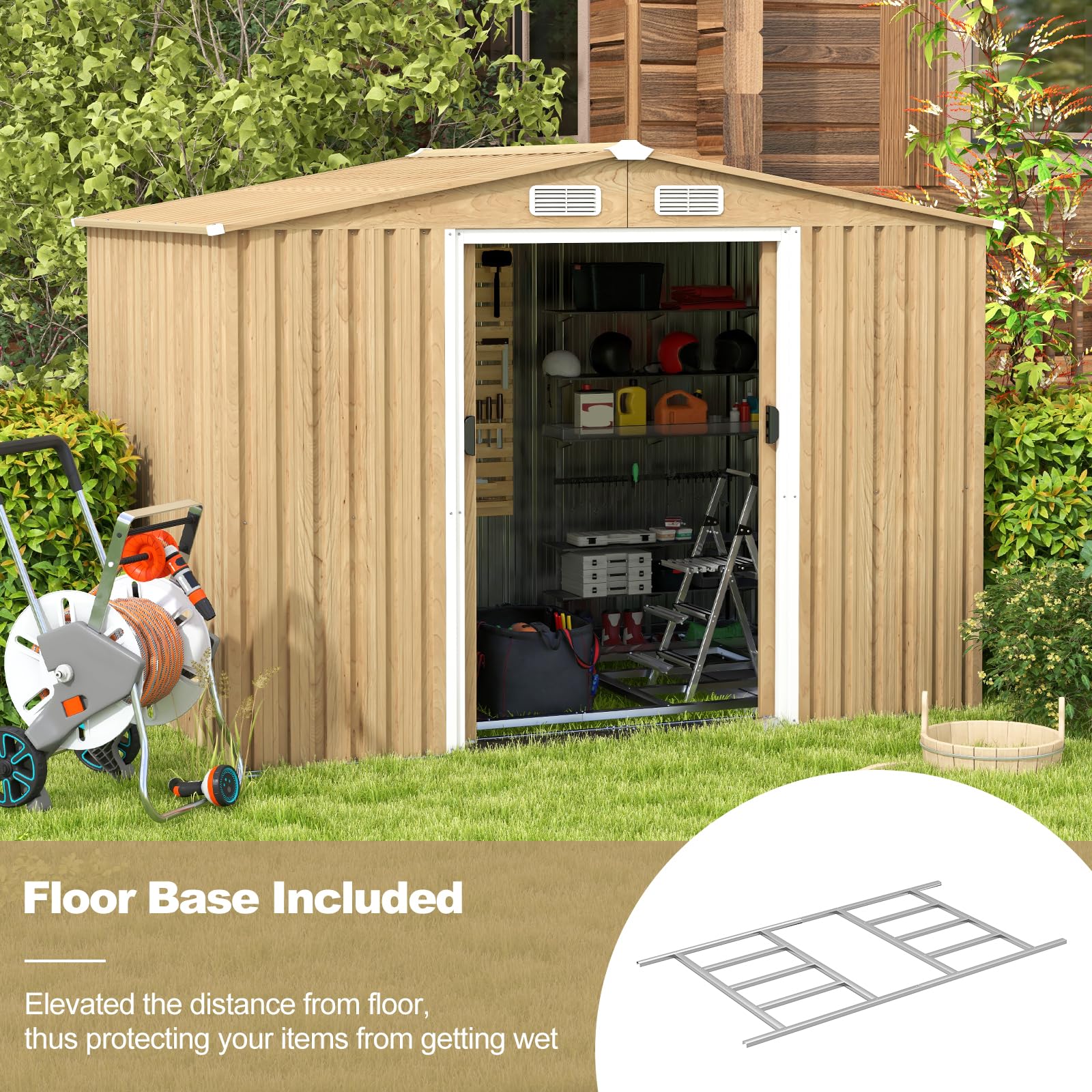Goplus 8' x 6' Woodgrain Outdoor Storage Shed, Galvanized Metal Tool House Organizer w/Base Floor, 4 Vents - Image 3