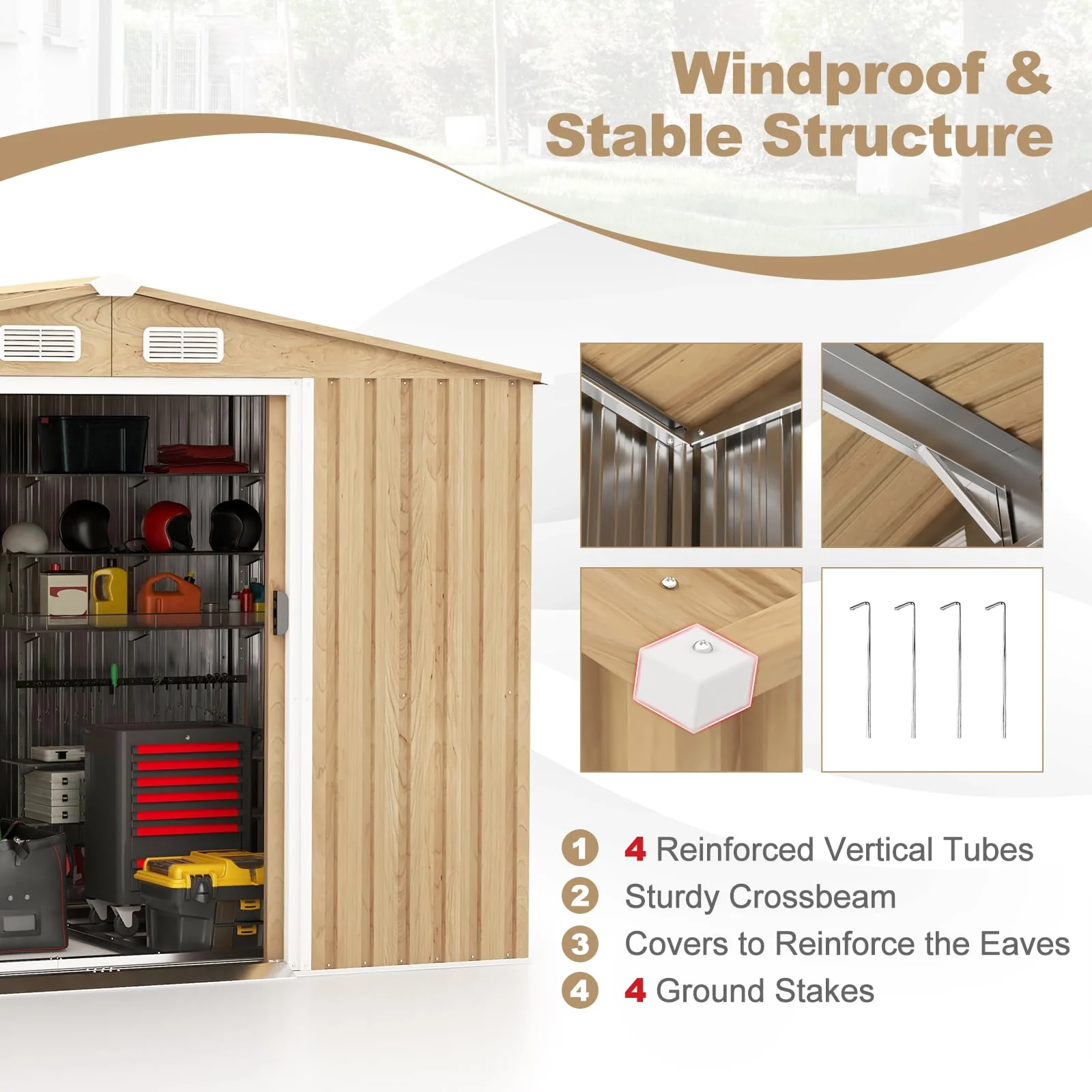 Goplus 8' x 6' Woodgrain Outdoor Storage Shed, Galvanized Metal Tool House Organizer w/Base Floor, 4 Vents - Image 5