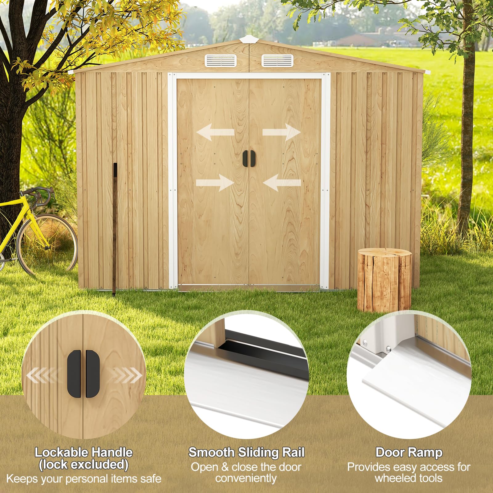 Goplus 8' x 6' Woodgrain Outdoor Storage Shed, Galvanized Metal Tool House Organizer w/Base Floor, 4 Vents - Image 6