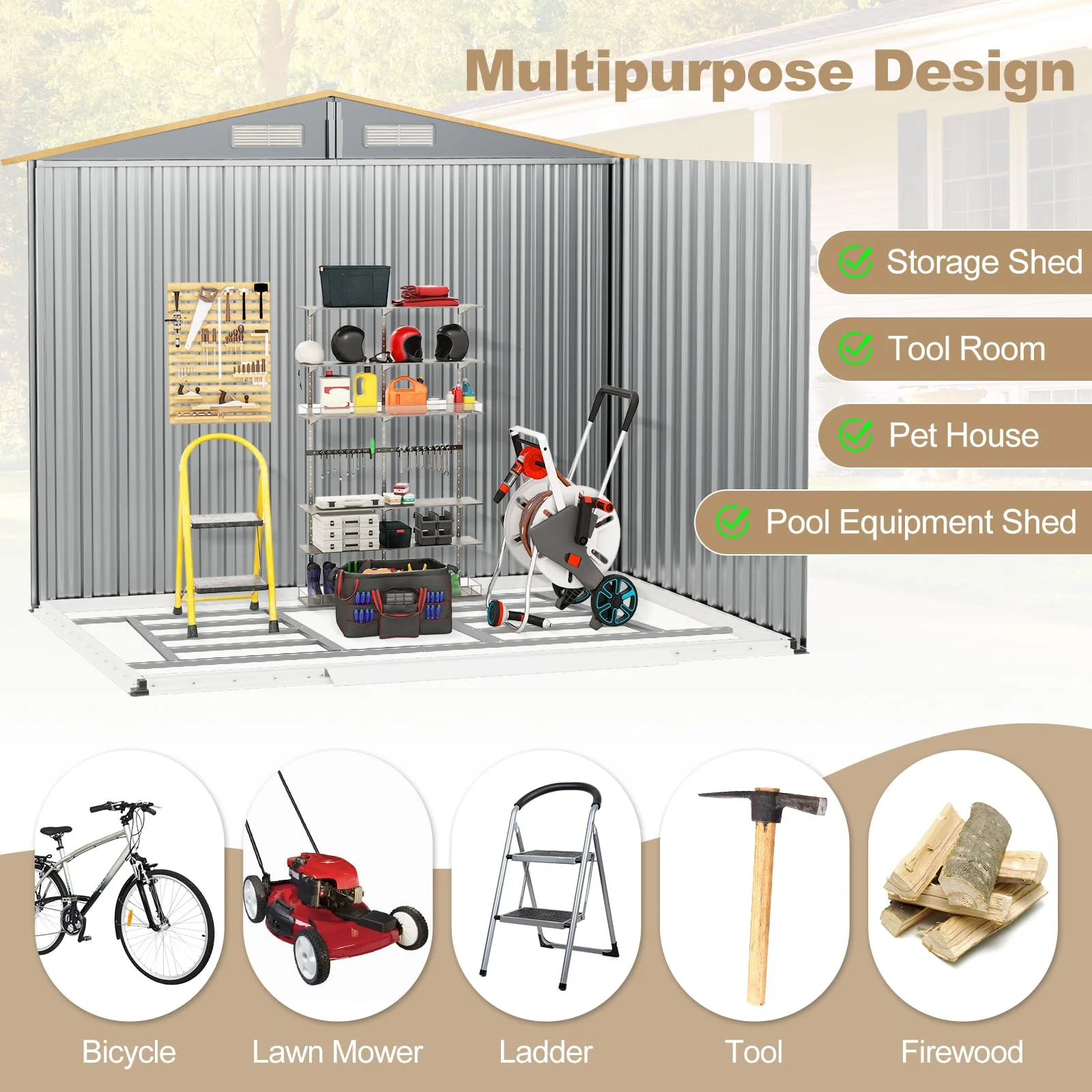 Goplus 8' x 6' Woodgrain Outdoor Storage Shed, Galvanized Metal Tool House Organizer w/Base Floor, 4 Vents - Image 8