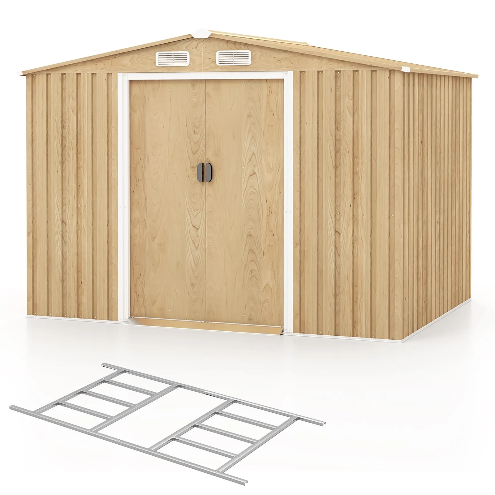 Goplus 8' x 6' Woodgrain Outdoor Storage Shed, Galvanized Metal Tool House Organizer w/Base Floor, 4 Vents - Image 9