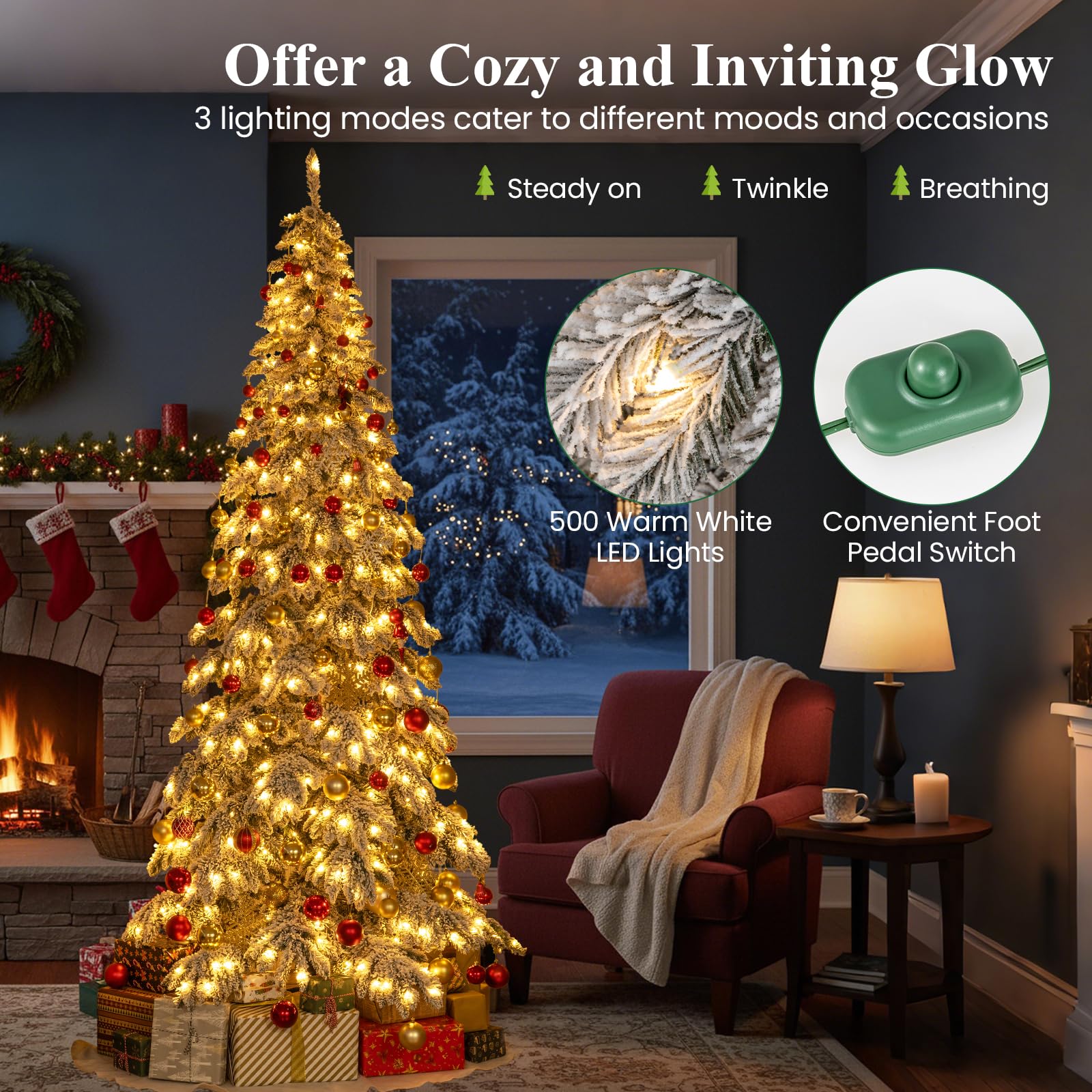 Goplus 9 FT Pre-Lit Snow Flocked Drooping Christmas Tree with Quick Power Connectors - Image 3