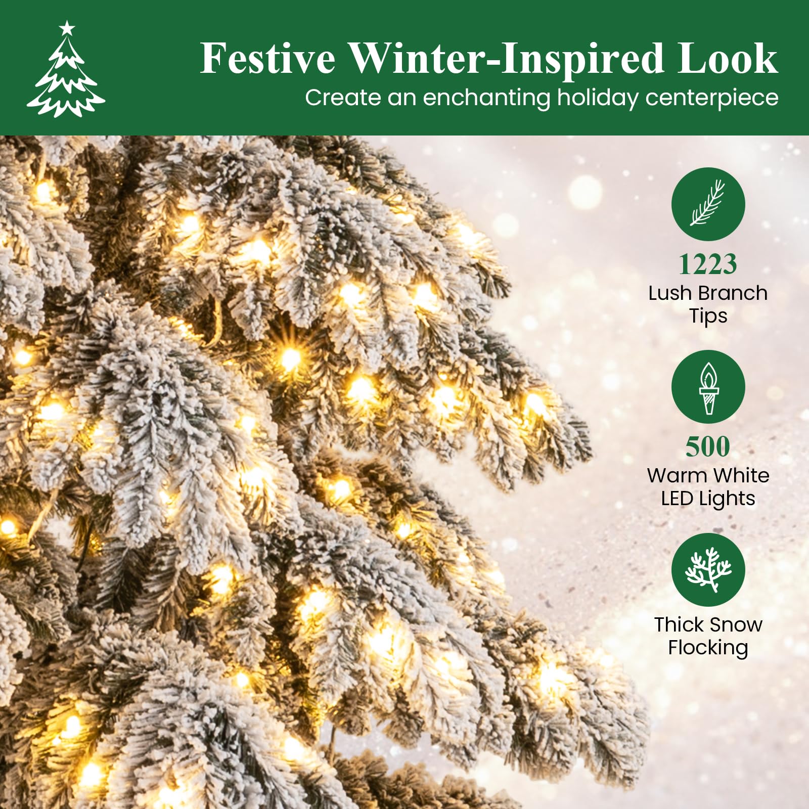 Goplus 9 FT Pre-Lit Snow Flocked Drooping Christmas Tree with Quick Power Connectors - Image 7