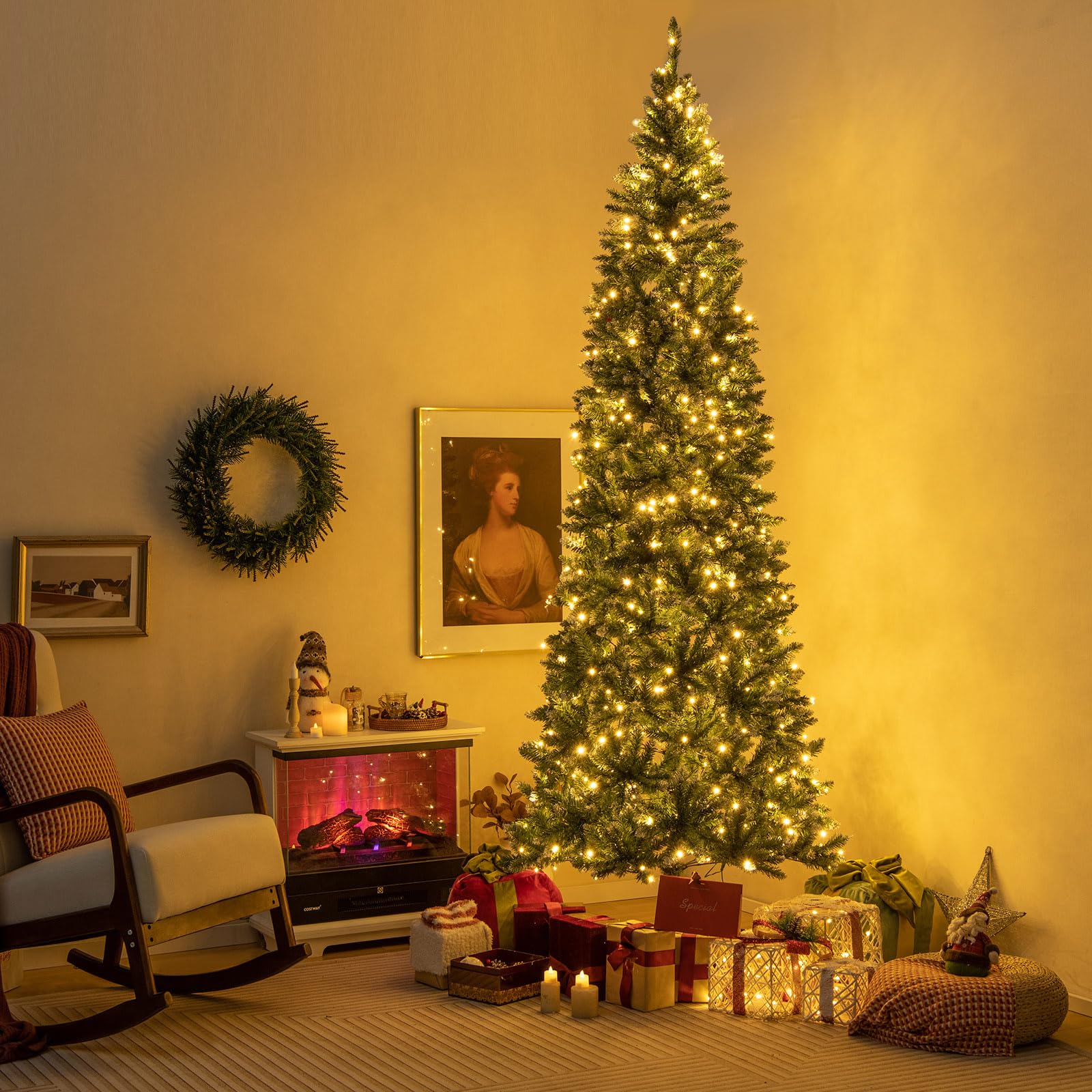 Goplus 9ft Pre-Lit Artificial Pencil Christmas Tree, Hinged Slim Xmas Tree with 500 Warm-White LED Lights - Image 2